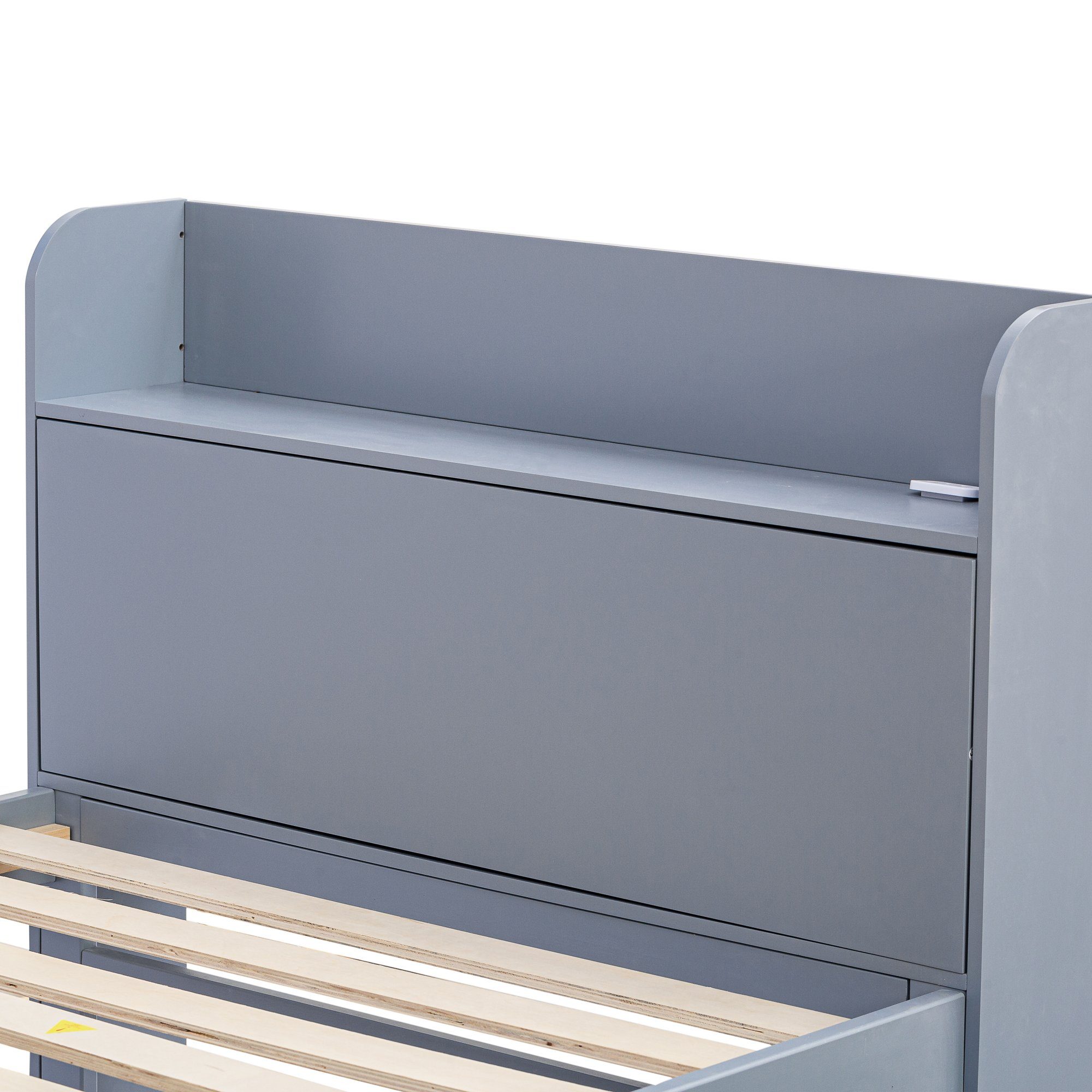 Massivholzbett (Stauraumbett, Kinderbett 90x190cm), mit 2 Schubladen, Stauraumfach, USB Ladefunktion und Ausziehbett