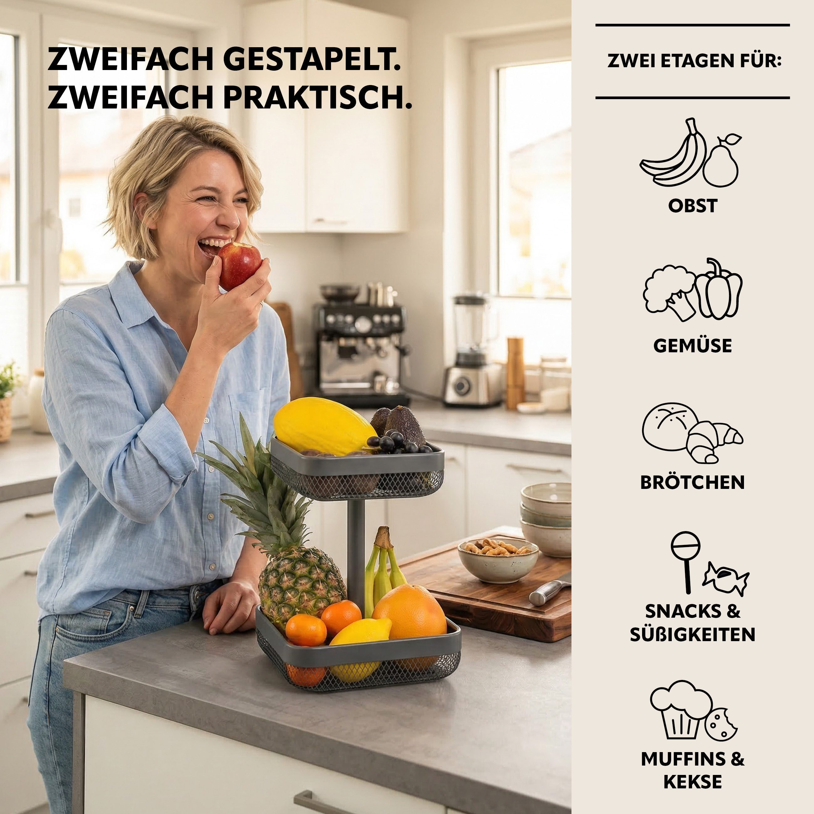 eluno Obstschale 2-stöckig, eckig, 20 x 20 cm und 25 x 25 cm, aus Metall, Metall, 2-stöckig