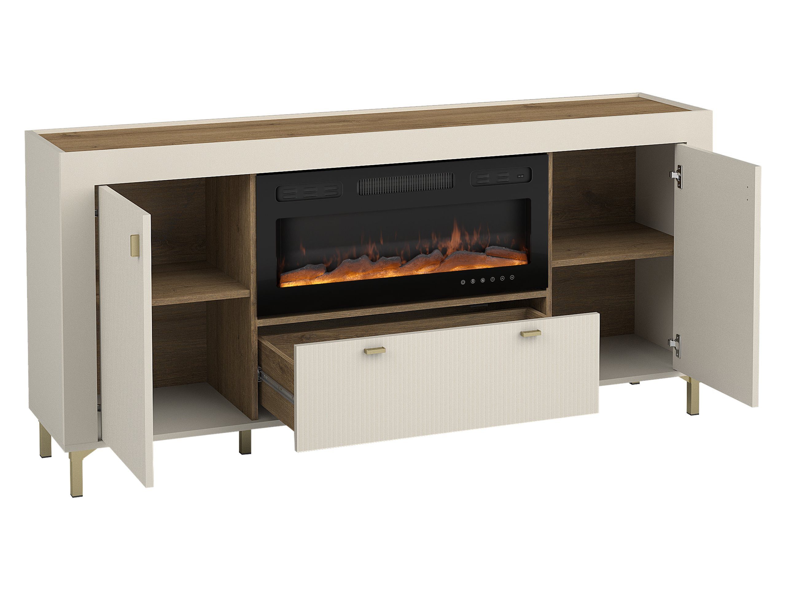 MIRJAN24 Kommode Mossa 2D1S MO07 mit Kamin (mit zwei Drehtüren und Schublade), Realistische LED-Flamme, 177x40x84 cm