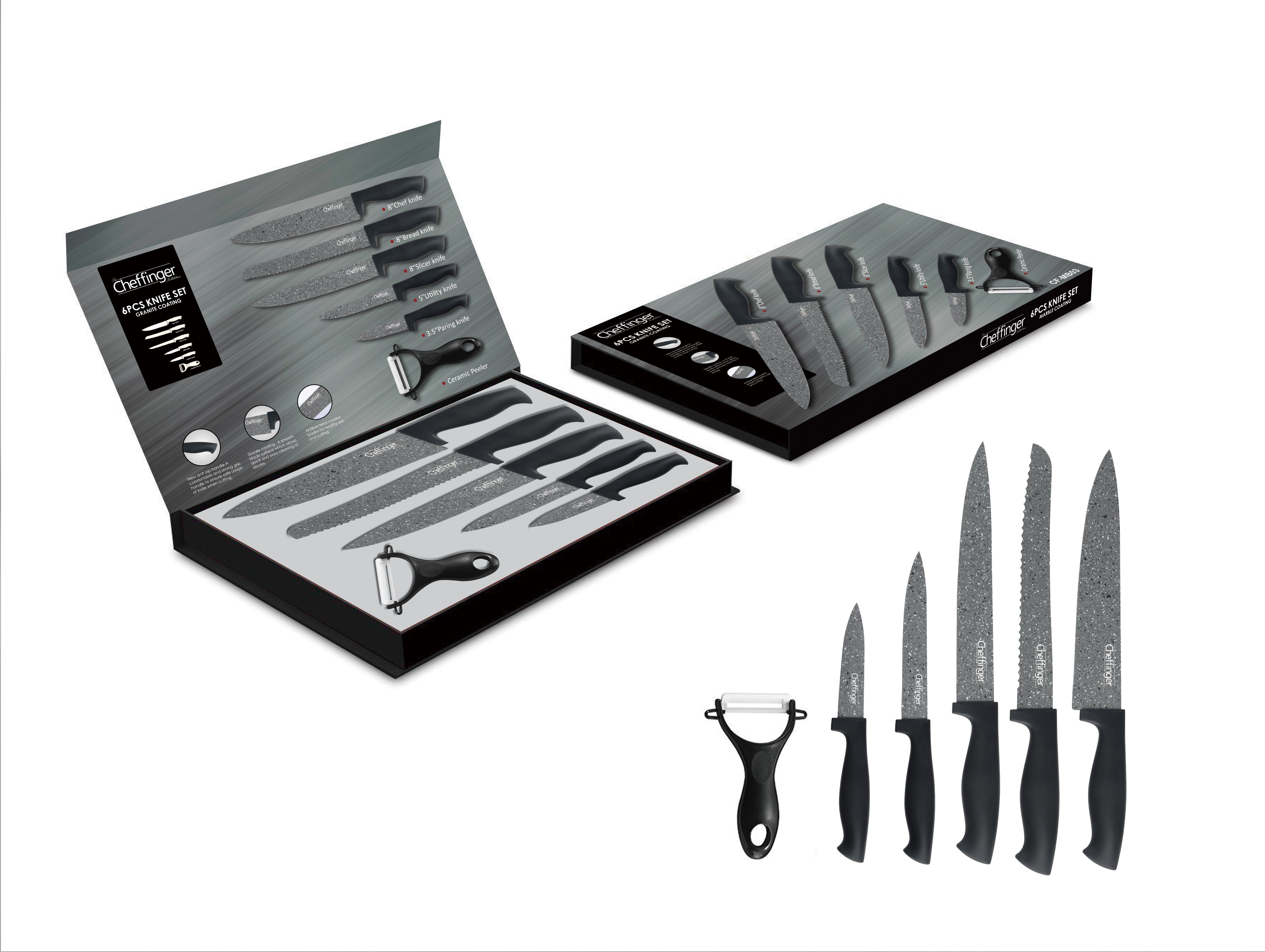 Cheffinger Messer-Set 6 teiliges Messerset Chefmesser & Küchenmesser Messer Sparschäler) mit scharfe grau Magnetverschluss Pizzamesser Messerklingen 1 in Klappbox (5