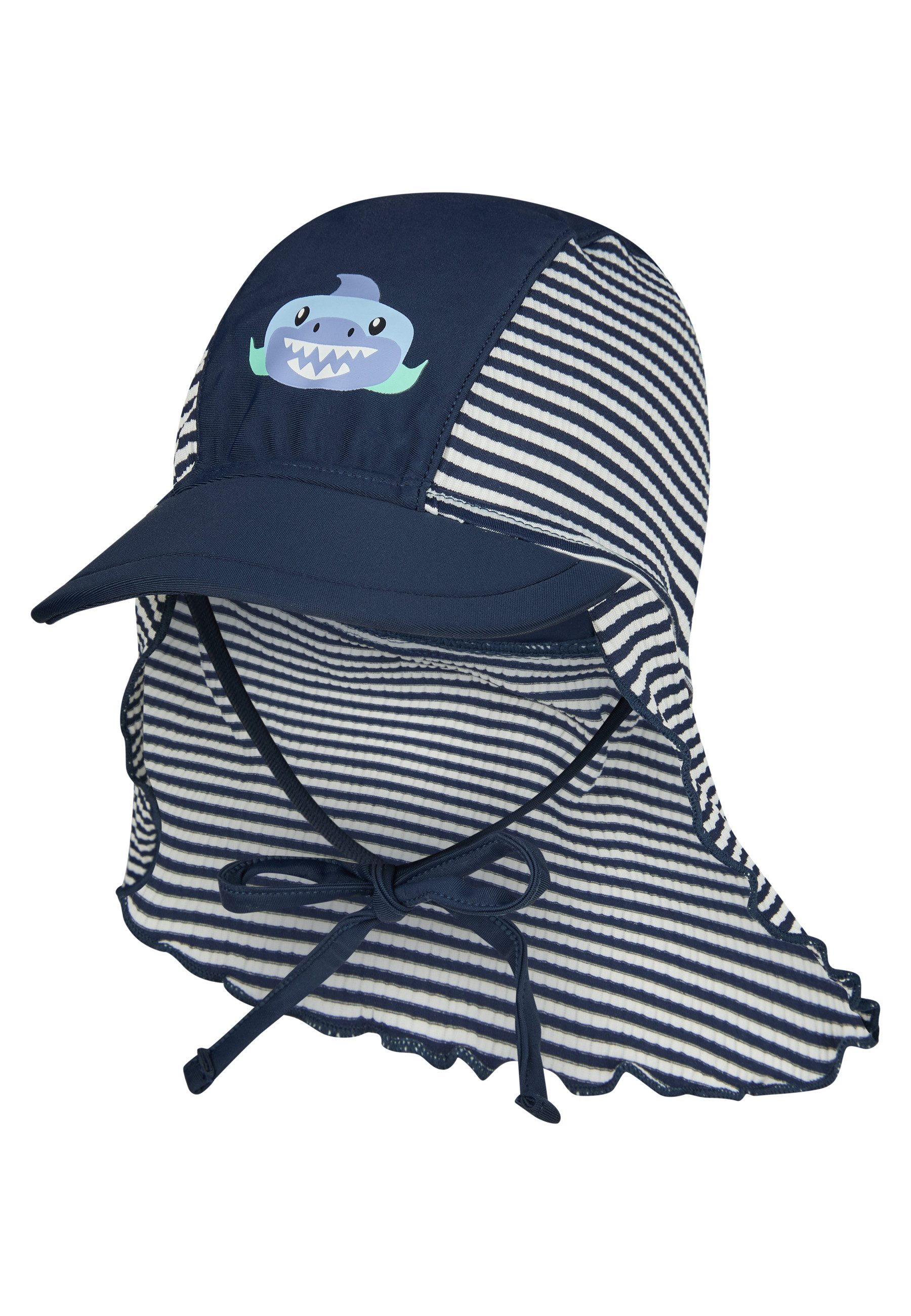 Sterntaler® Schirmmütze UV-Schutz 50+ Bademütze mit Nackenschutz Hai (1-St) Bademütze mit Nackenschutz, Seersucker, Hai-Druck & Bindeband