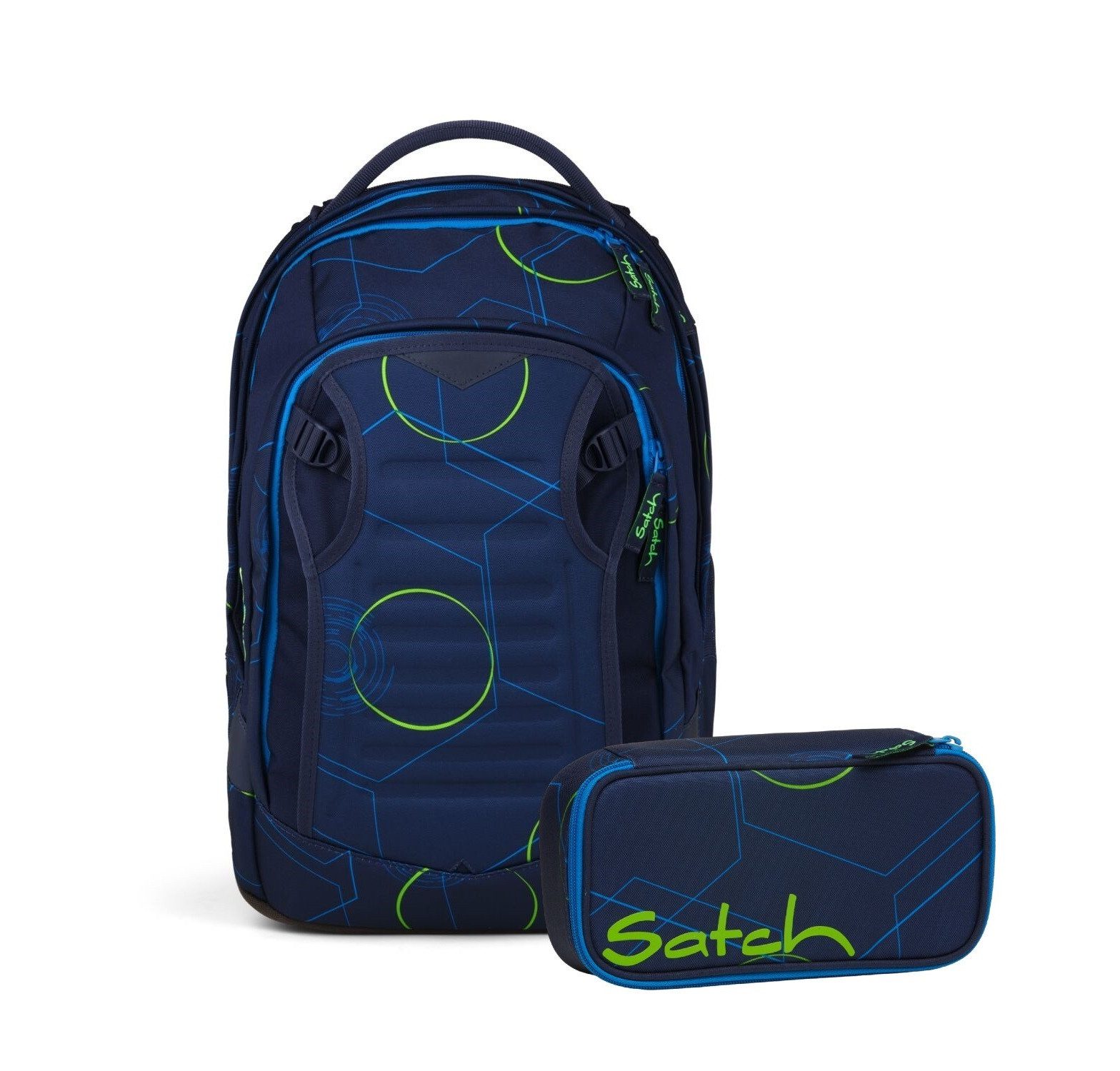 Satch Schulranzen Schulrucksack-Set MATCH PLUS Blue Tech 2-teilig (2-teilig), Schulranzen, ergonomisch, 30 + 5 Liter, 4 Fächer