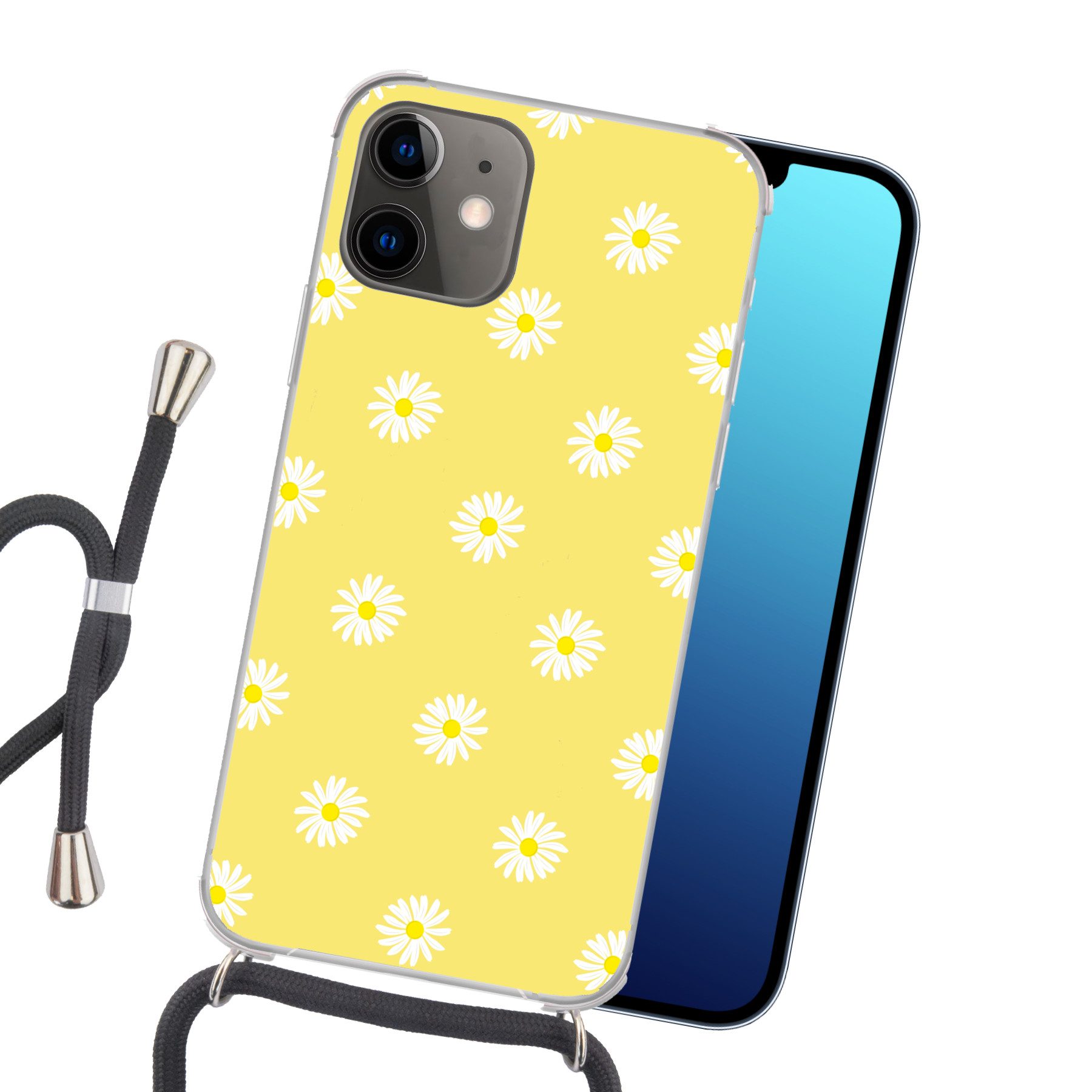 MuchoWow Handyhülle für Apple iPhone 11 Gänseblümchen - Pastell - Weiß - Gelb - Blumen, Tragbare Handyhüllen mit Kette zum umhängen, Handykette Handyband
