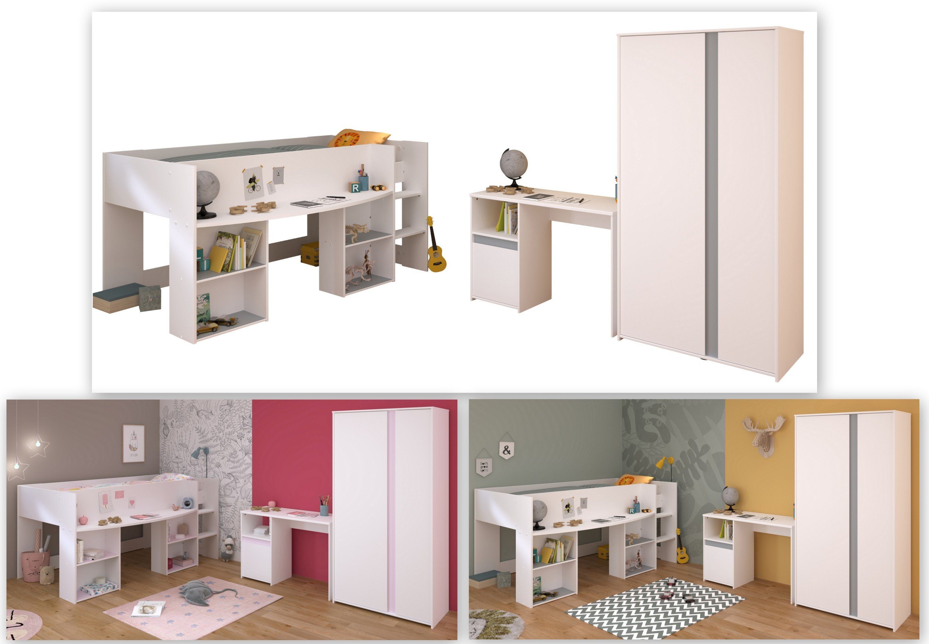 Parisot Jugendzimmer-Set Parisot Kinderzimmer Jugendzimmer Hochbett Piroutte 13 3 teilig, (3-tlg)