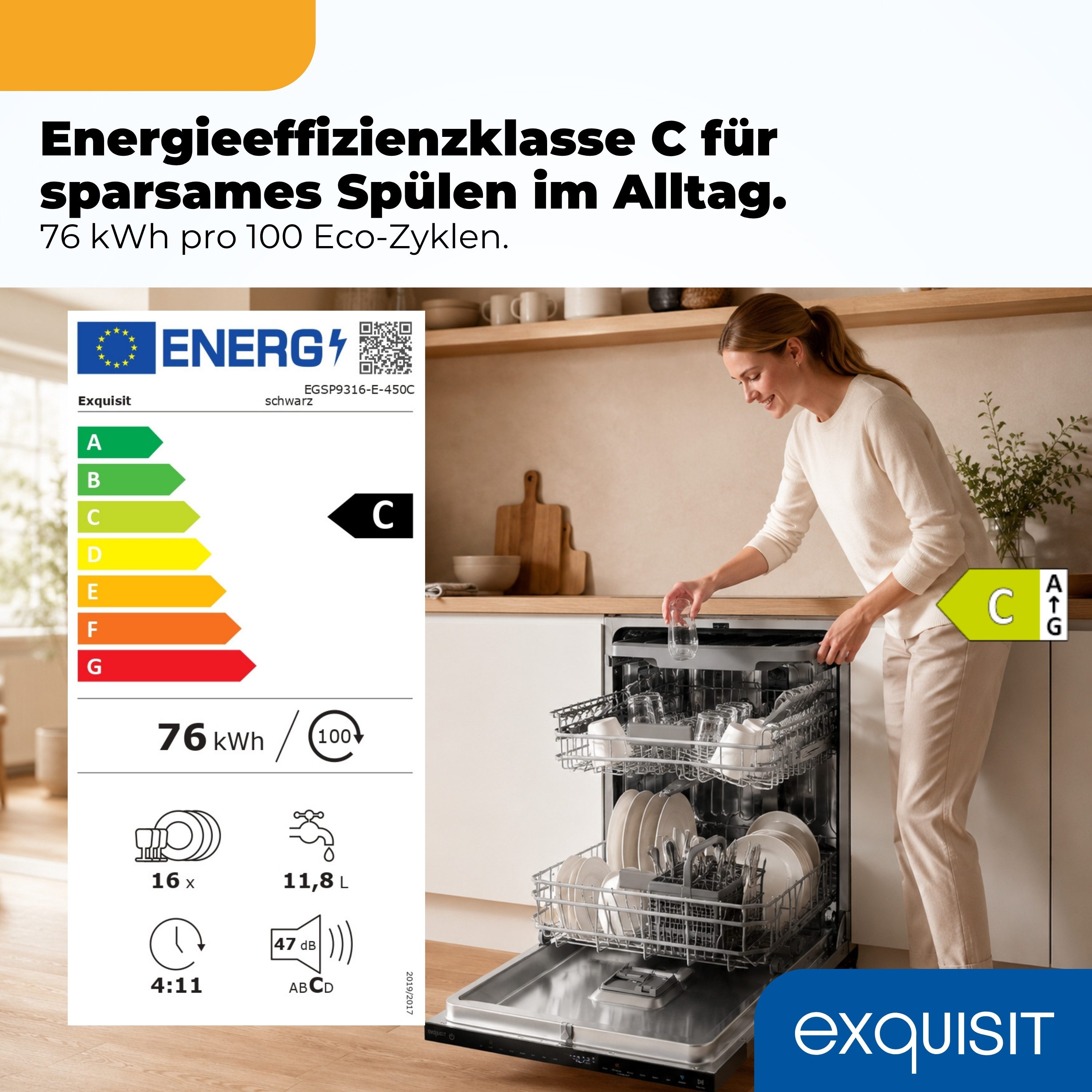 exquisit vollintegrierbarer Geschirrspüler 9316 EGSP9316-E-450C schwarz, 11,8 l, 16 Maßgedecke, Großes Fassungsvermögen, komfortabel im Alltag