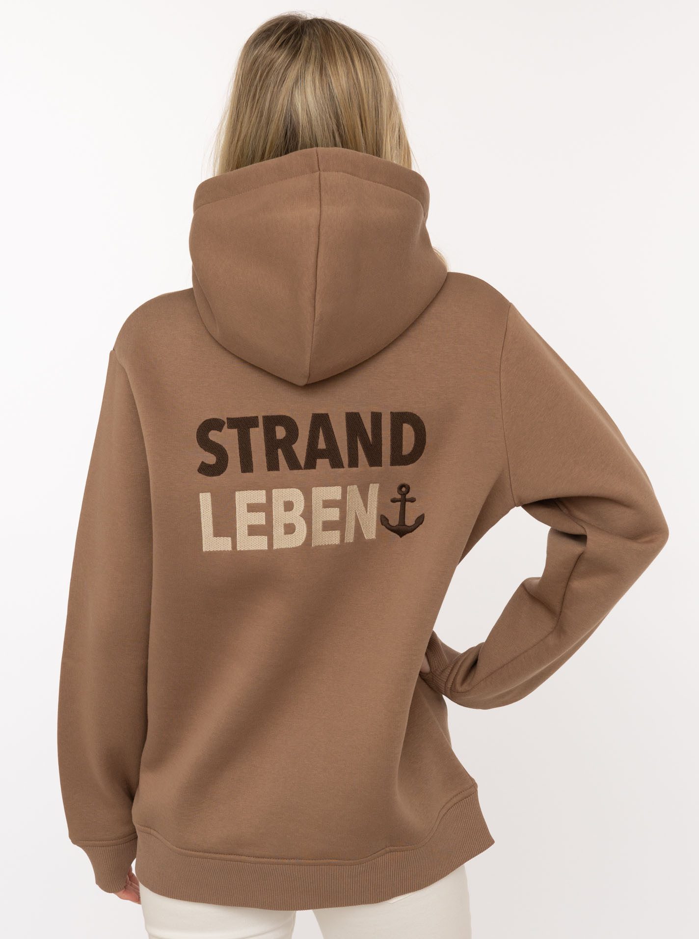 Zwillingsherz Hoodie "Meine Heimat" mit aufgesticktem "Strand"-Schriftzug vorne und hinten