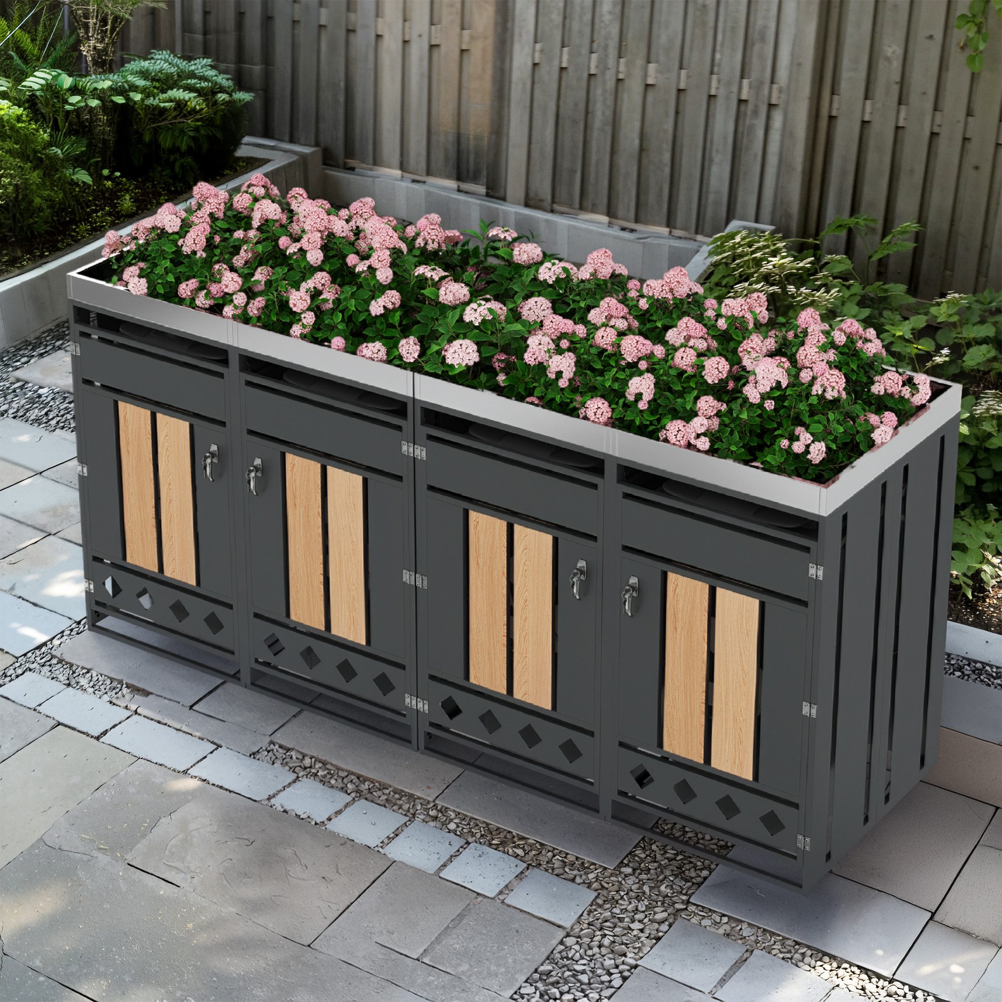 Merax Mülltonnenbox Abschließbar Müllcontainer mit Pflanzfläche & Belüftungslöchern (Wetterfest & Belüftet, verzinktes Blech, 2 St., Für Garten, Hof & Außenbereich), 2 Fächer Mülltonnenverkleidung mit Holzoptik Türen