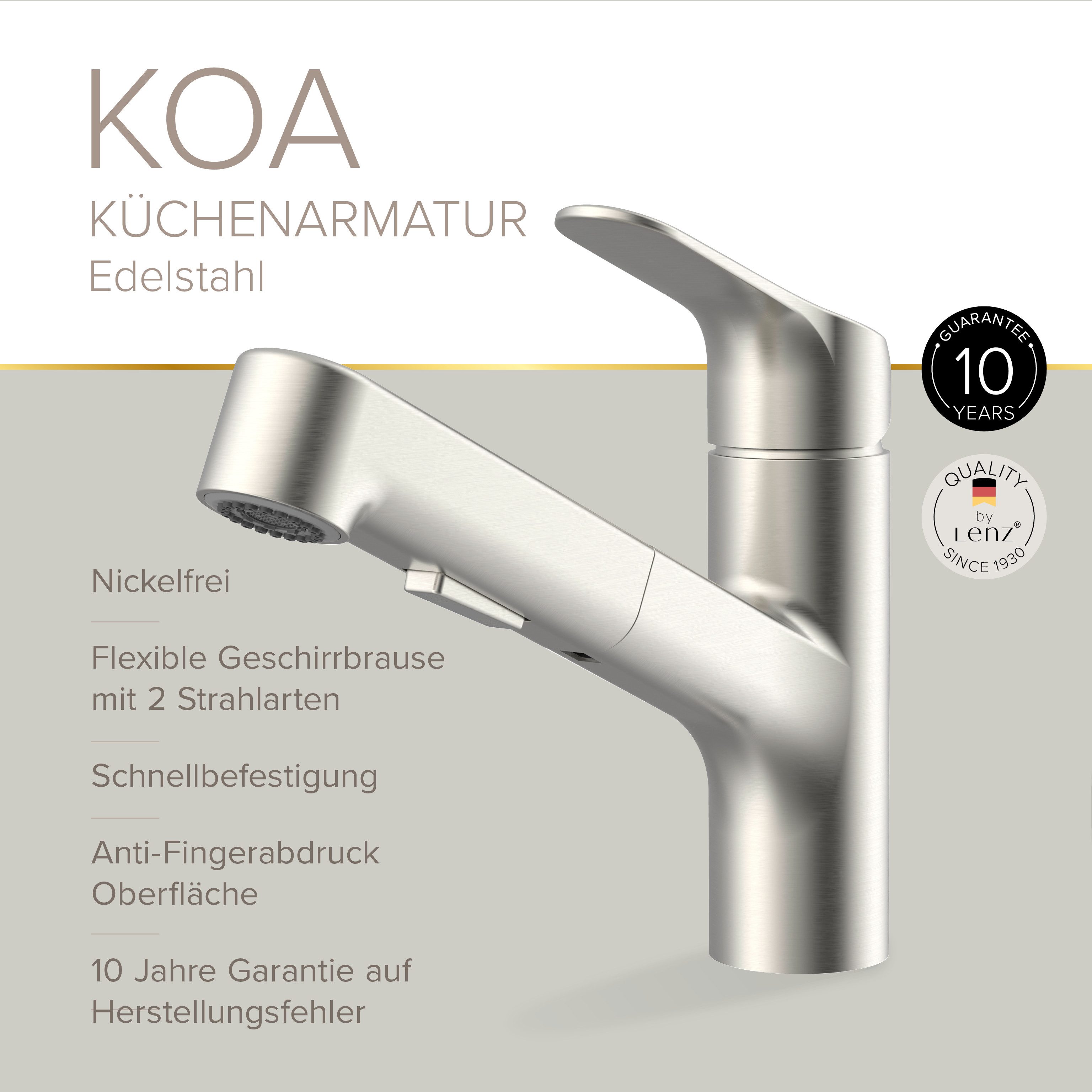 Lenz Küchenarmatur KOA herausziehbare Brause, Nickelfrei