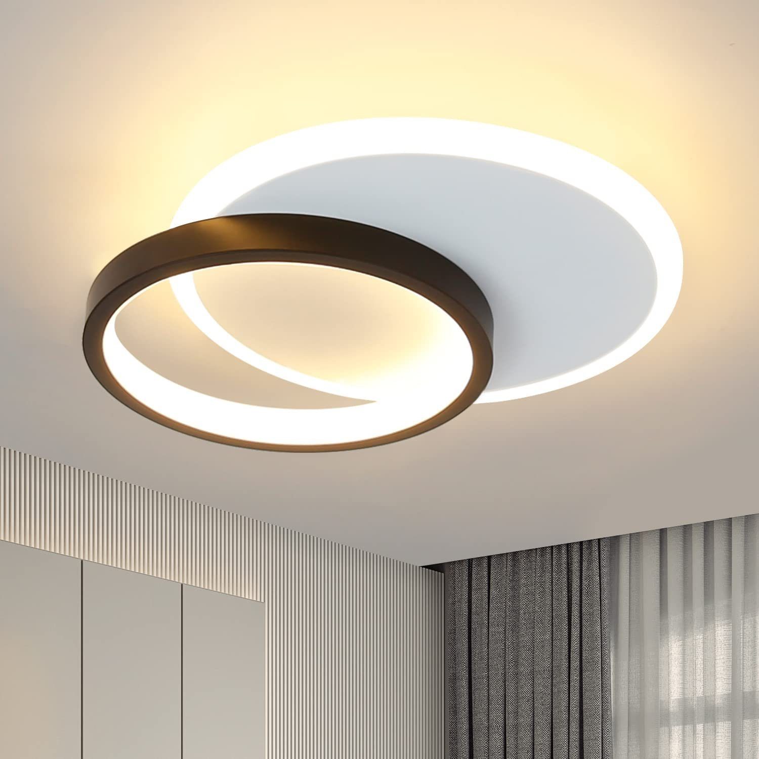 ZMH LED Deckenleuchte Modern Schwarz Weiß Design Acryl Wohnzimmerlampe, LED fest integriert, Warmweiß, 2 Ringe, 12W