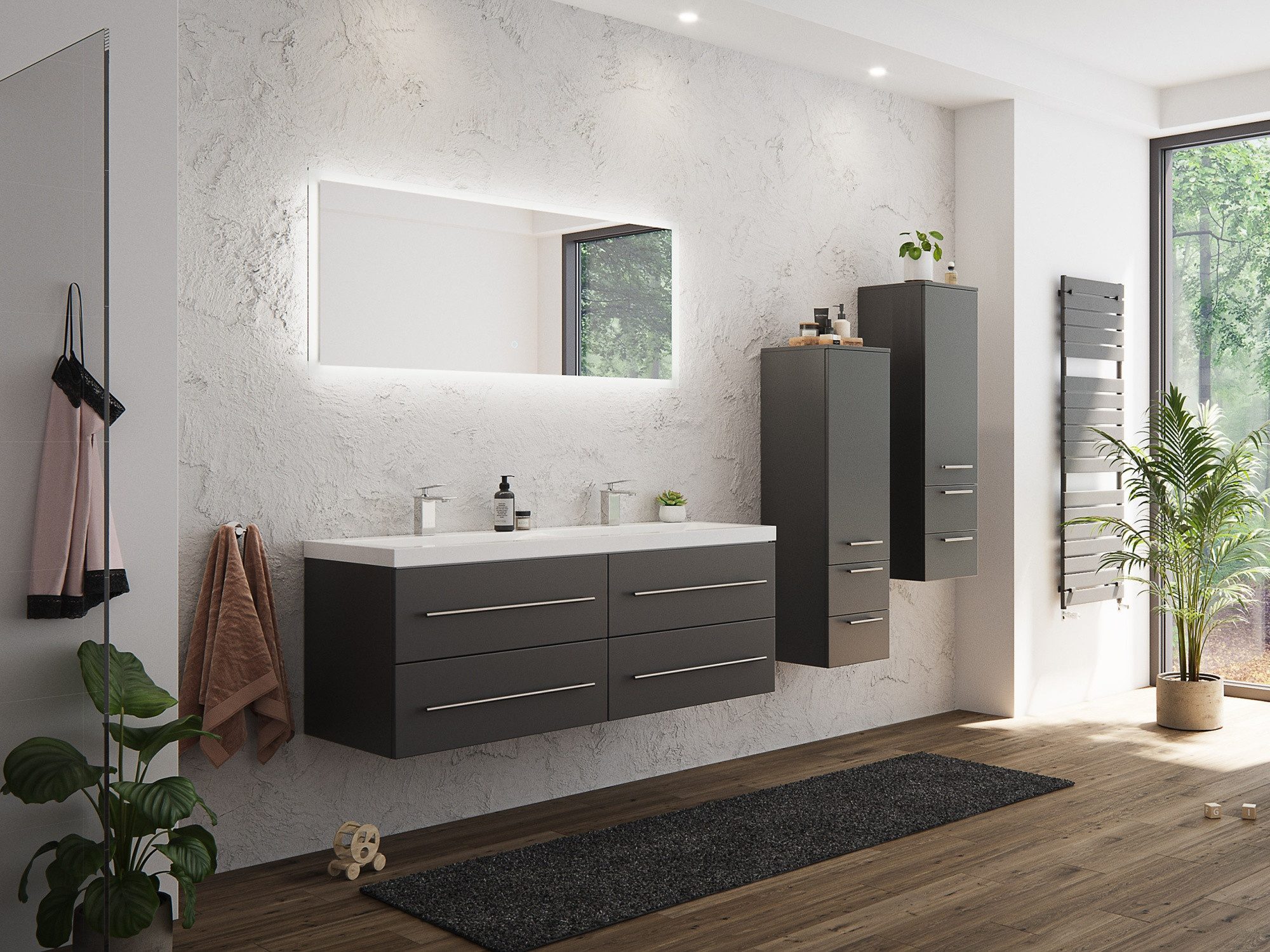 Magnolia Home Doppelwaschtisch Badmöbelset Persepolis XL SoftClose anthrazit 2 Hochschränke LED Spieg