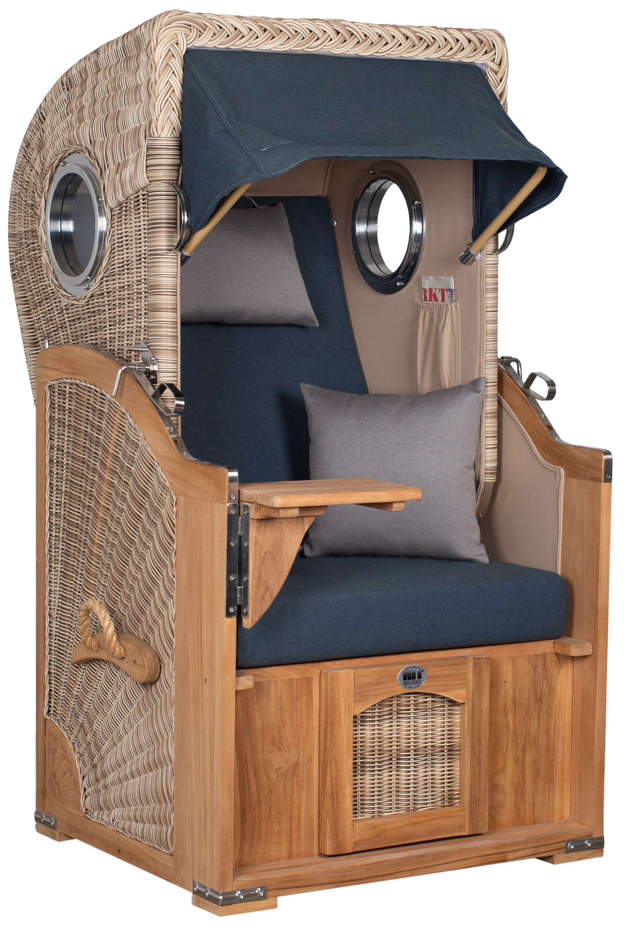 MR.DEKO Strandkorb 1-Sitzer Single Teak Shell Volllieger mit Bullaugen, BxTxH: 96x80x165 cm, Vollieger, Düne Single, (Fertig montierter Strandkorb für Garten, Terrasse & Balkon, 1-tlg), Wetterfester Volllieger mit Edelstahlbeschlägen & waschbaren Polstern