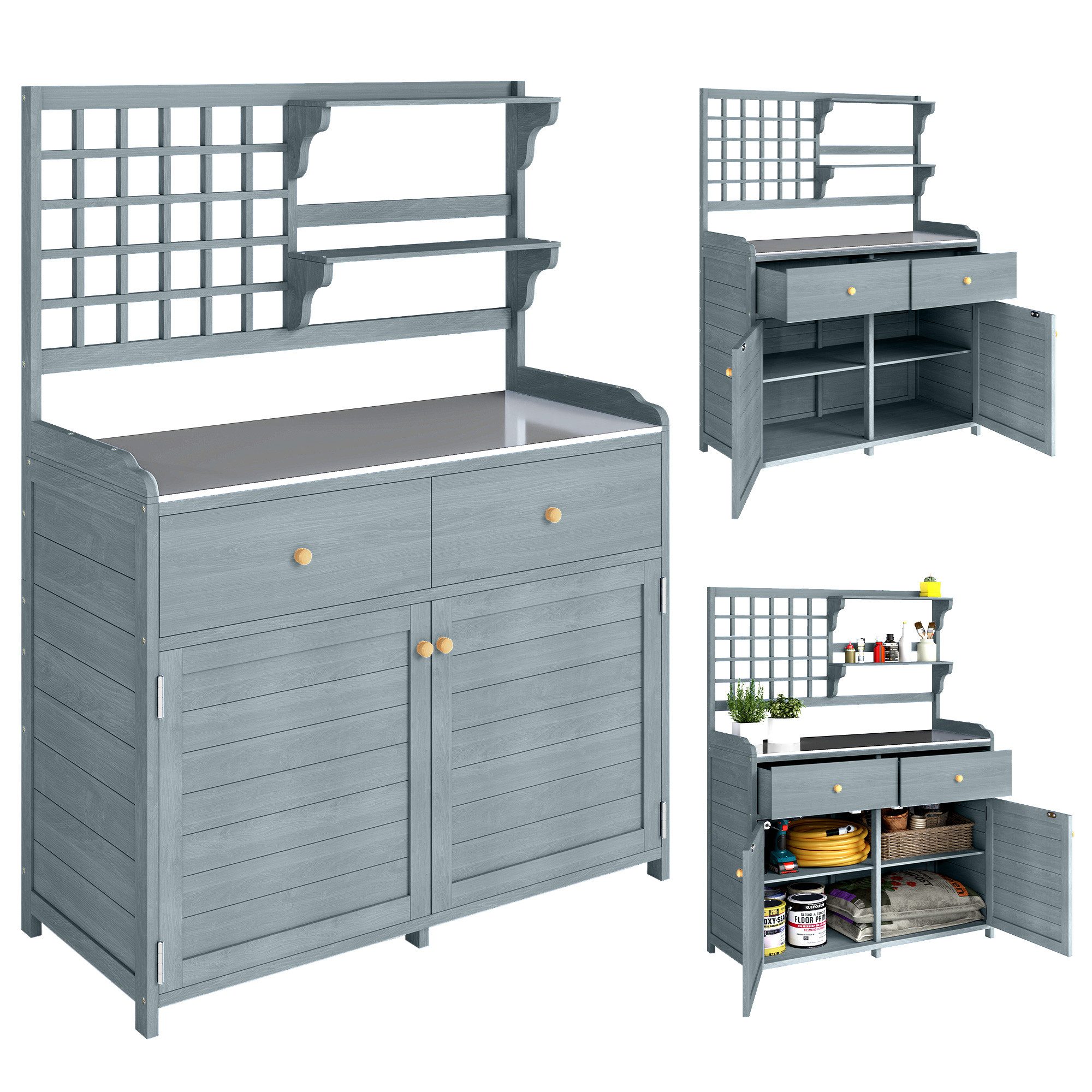 Outsunny Pflanztisch Geräteschrank aus Holz mit verzinkter Arbeitsplatte 2 Schubladen (Gärtnertisch, 1-St., Outdoor Gartenschrank), für Garten Balkon Terrasse 104x44x140 cm Hellgrau