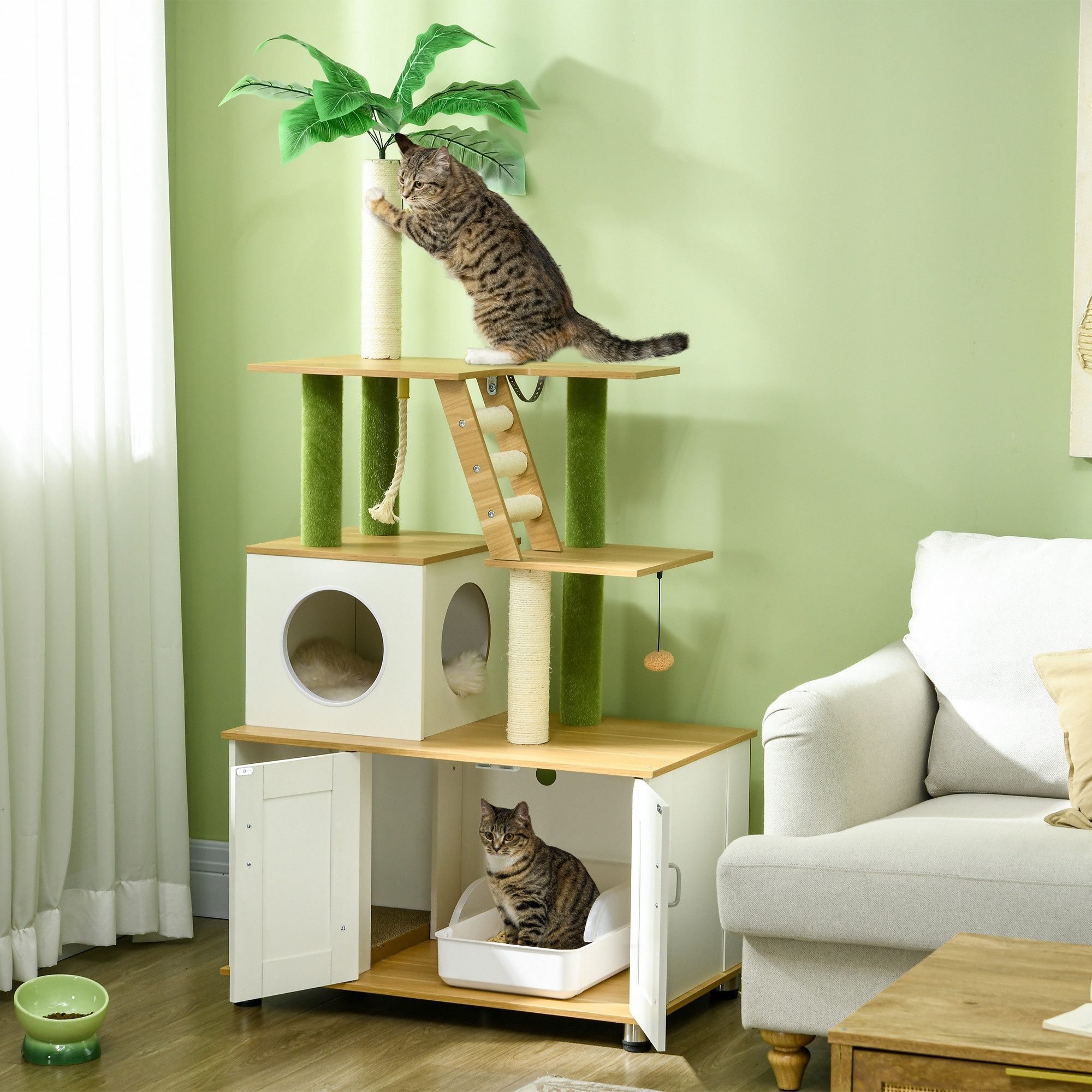 PawHut Tierhaus Katzenschrank für Katzentoilette, Katzenbaum, mit Katzenhaus, Treppe, Kratzmöbel mit großer Plattform, Eiche