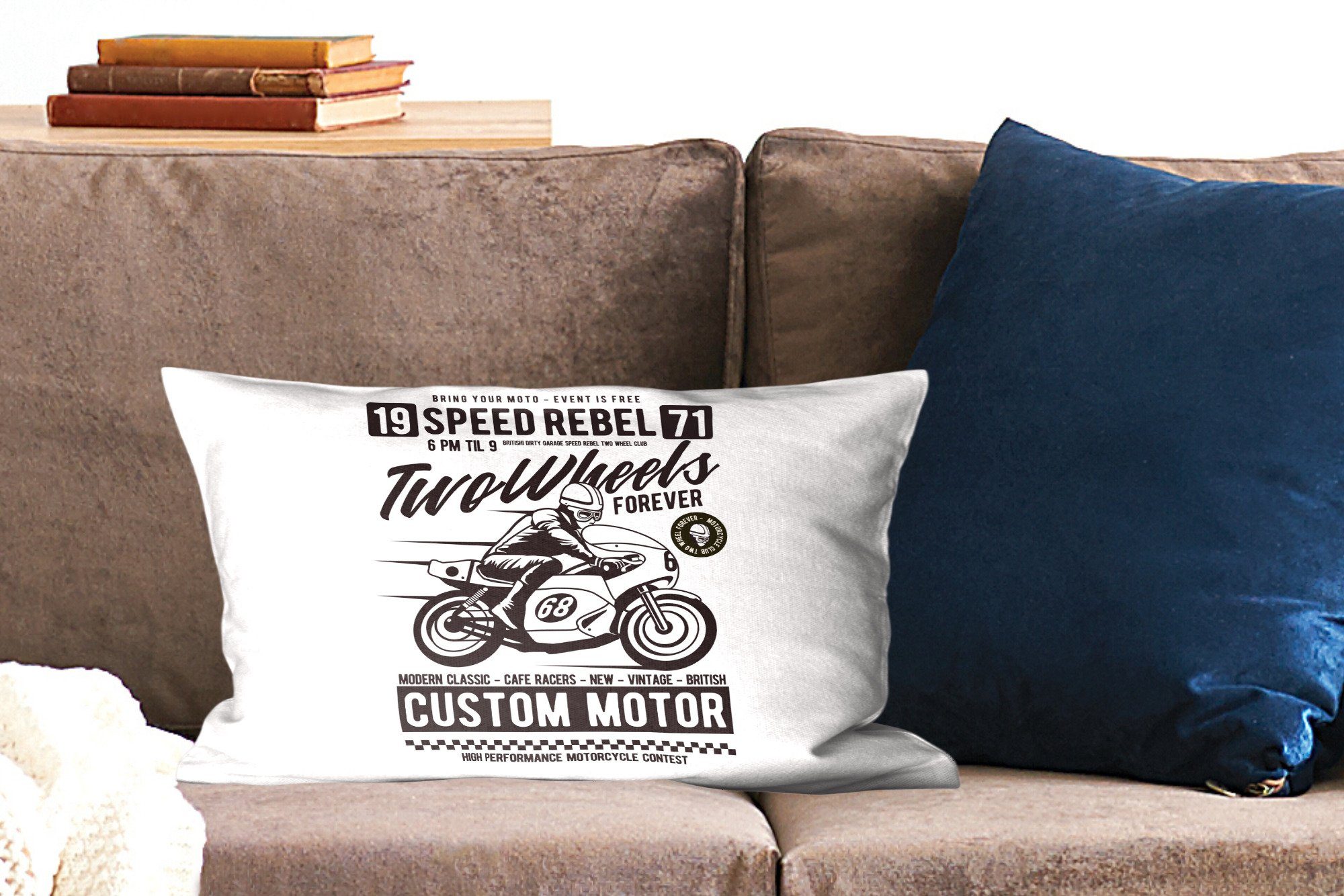Dekoration, - Schlafzimmer Vintage, - MuchoWow Füllung, Motorrad Zierkissen, mit Mann Wohzimmer Dekokissen - Helm Dekokissen