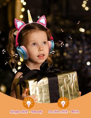 ONTA Einhornhorn, An- und Ausschalter Kinder-Kopfhörer (Das universelle 3,5 mm Audio-Kabel ermöglicht vielseitigen Einsatz, Verwendung umweltfreundlicher Materialien, Leuchtenden LED-Katzenohren,Größenverstellbare optimalen Kopfkomfort)