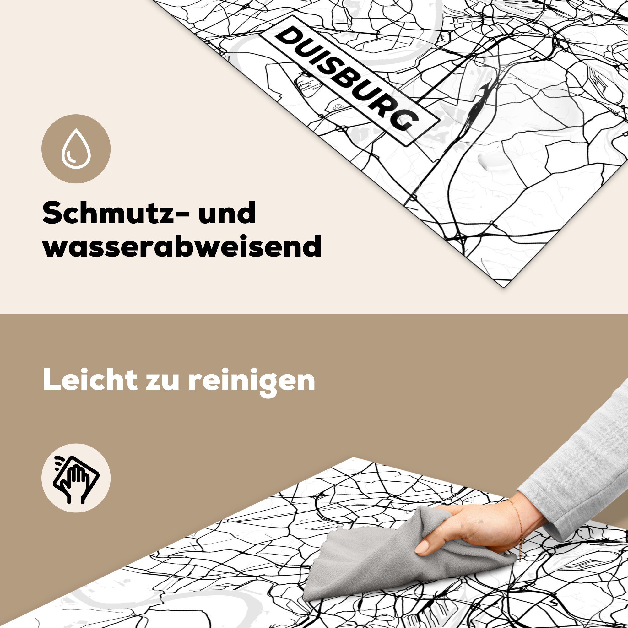 Stadtplan, (1 78x78 küche Ceranfeldabdeckung, cm, Herdblende-/Abdeckplatte für Vinyl, tlg), Karte - Arbeitsplatte Duisburg - MuchoWow