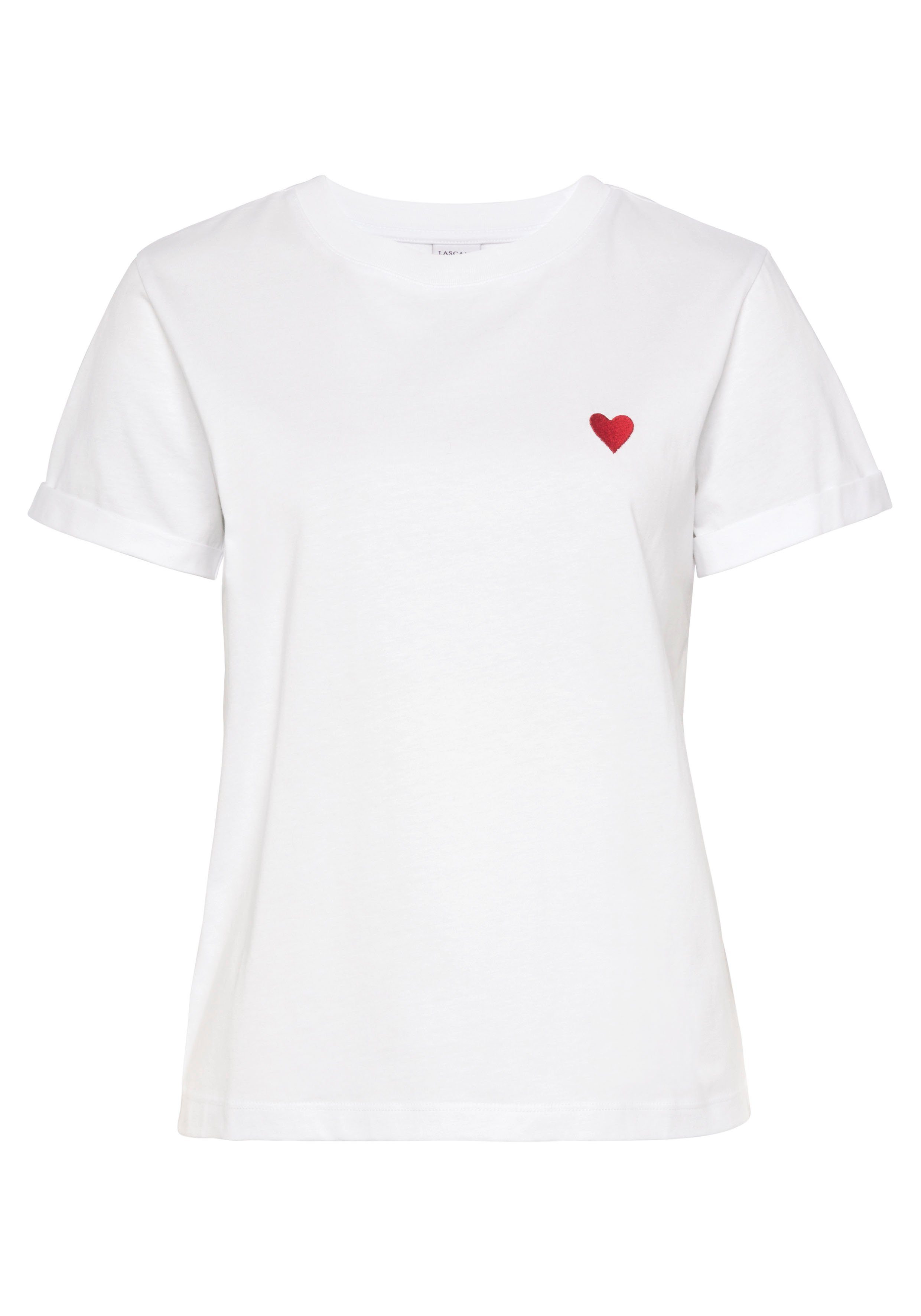 weiß Kurzarmshirt T-Shirt LASCANA aus mit süßer Herz-Stickerei, Baumwolle