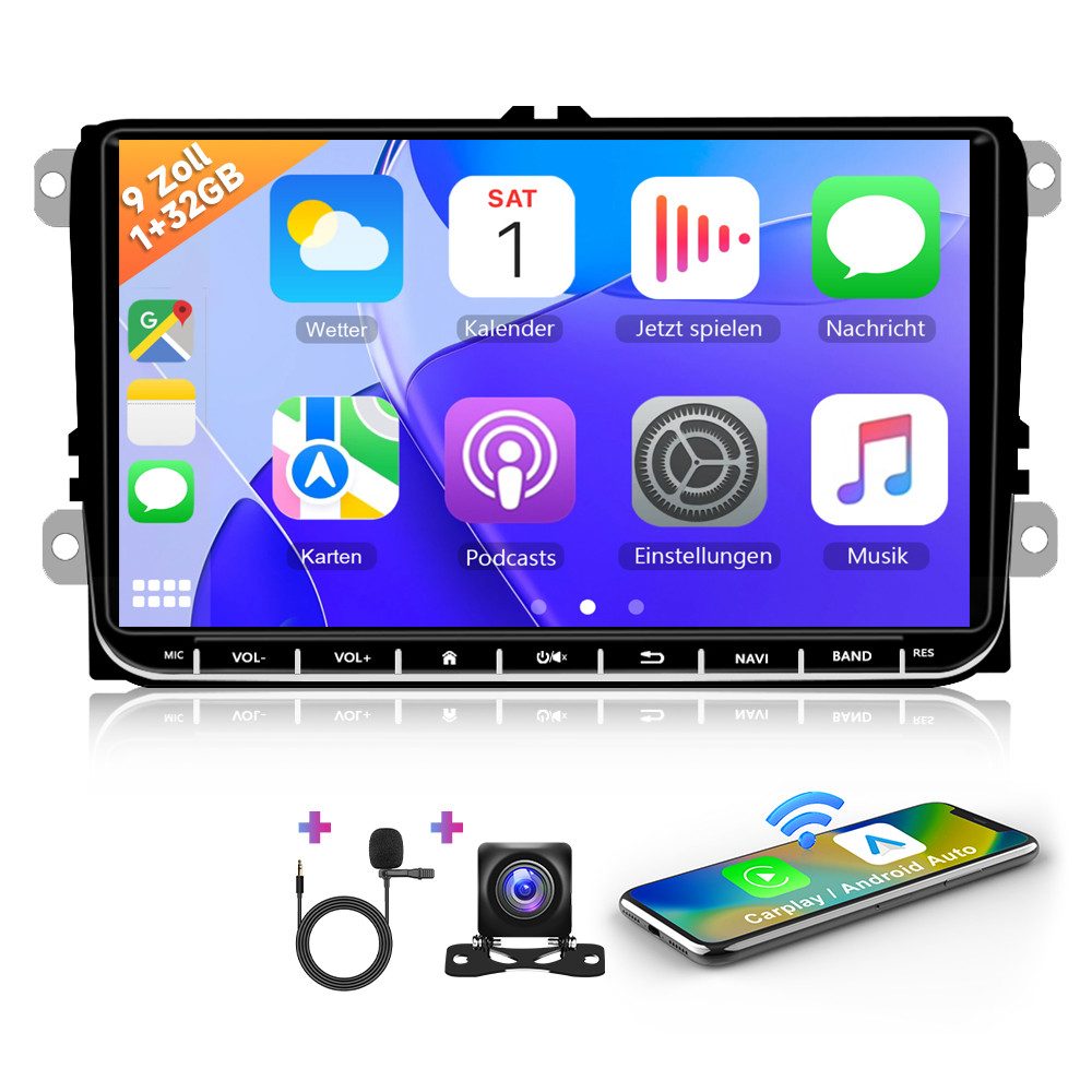 Hikity 9" Android 15.0 2Din mit Navi für VW Golf 5 6 Polo Skoda Passat Touran Autoradio (WiFi FM/RDS, 2GB+64GB)