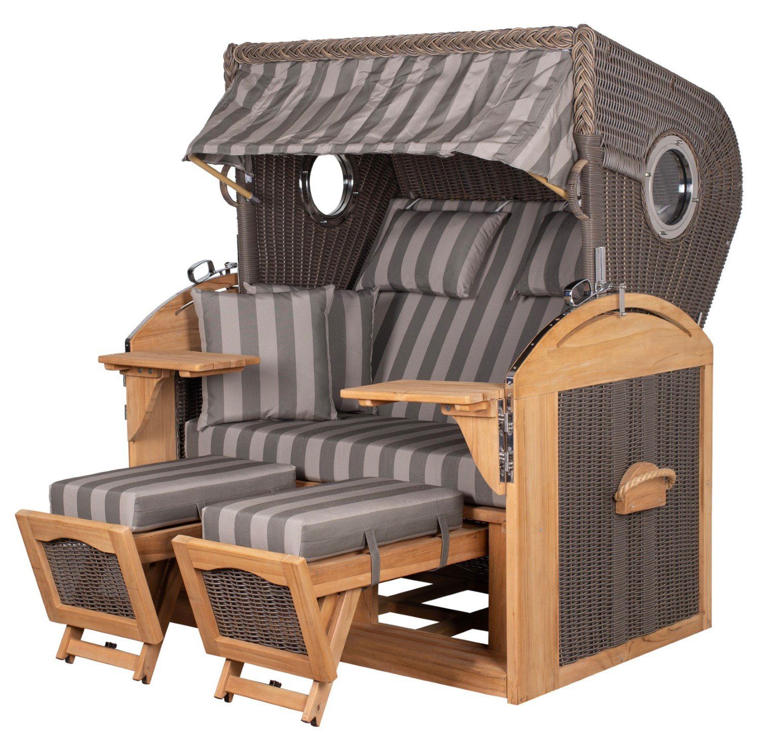 bene living Strandkorb Borkum XL Teak - PE grau - Modell 537, BxTxH: 142x95x170 cm, Volllieger ca. 180 Grad, Nordsee-Strandkorb Komplettset, inkl. Liftersystem und Bullaugen