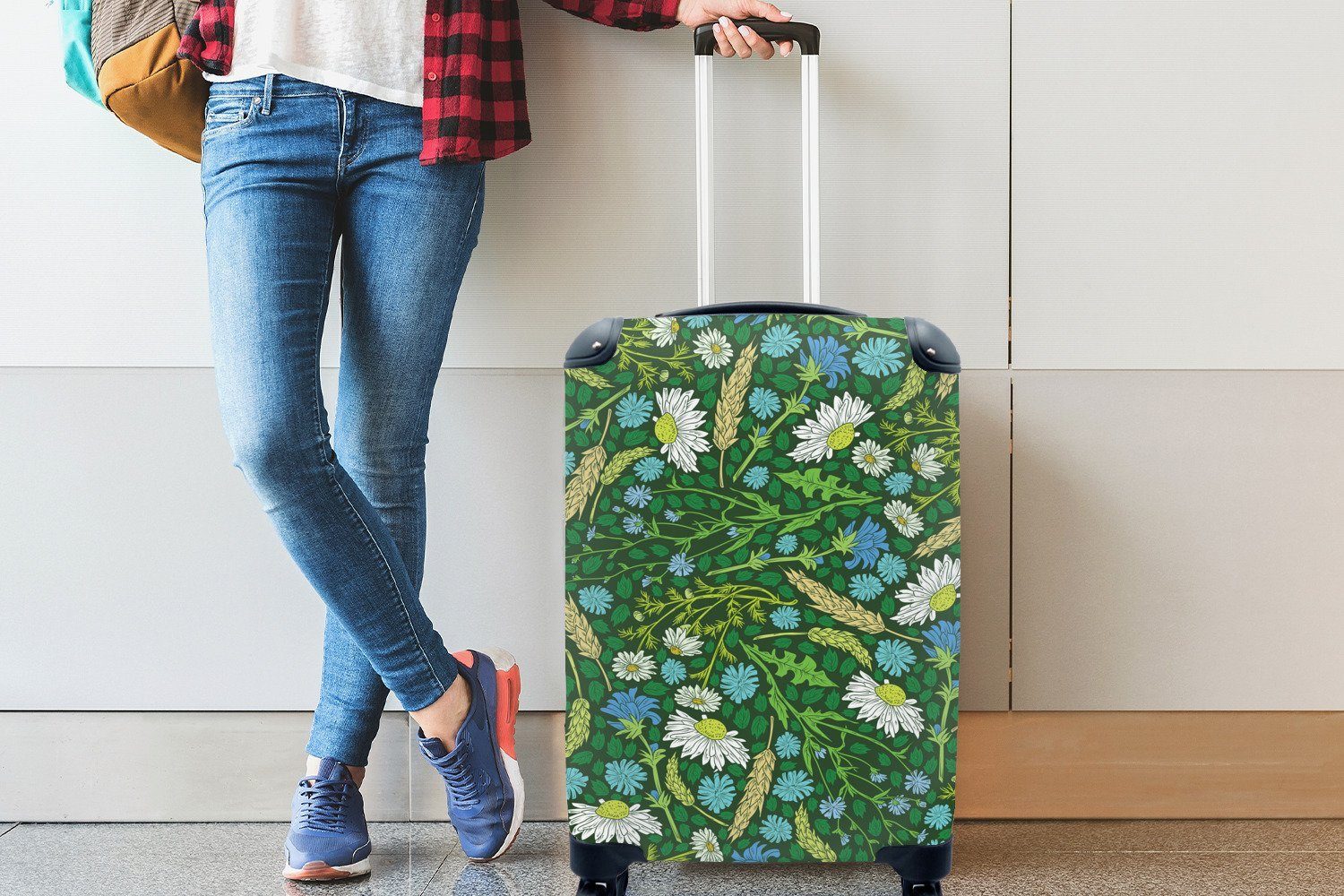 - Grün, Rollen, Trolley, Reisetasche rollen, 4 Handgepäck für Reisekoffer Ferien, Karte - MuchoWow mit Blume Handgepäckkoffer