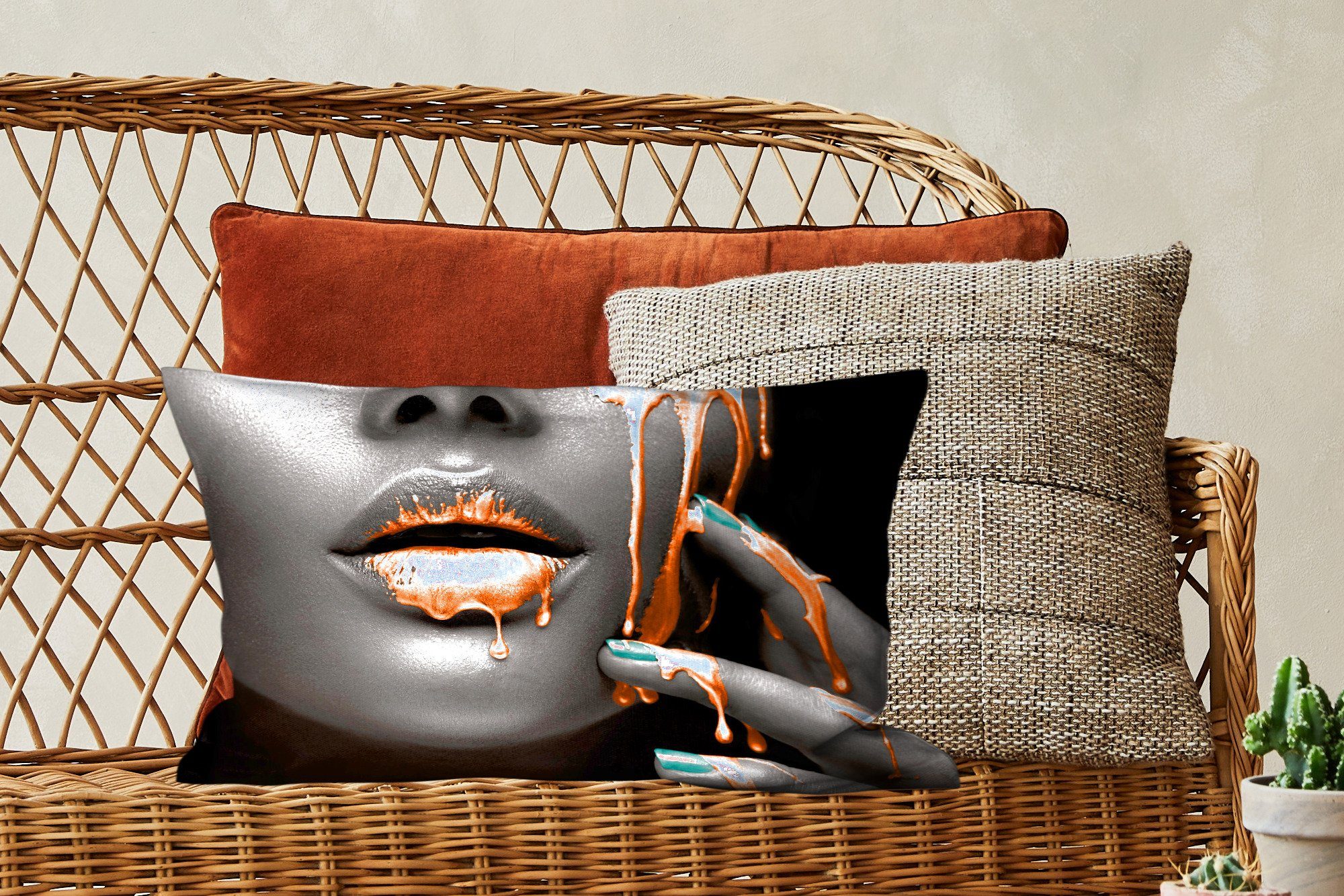 MuchoWow Dekokissen Lippen - Wohzimmer Orange Schlafzimmer Zierkissen, mit Schwarz, Füllung, Dekoration, Dekokissen 