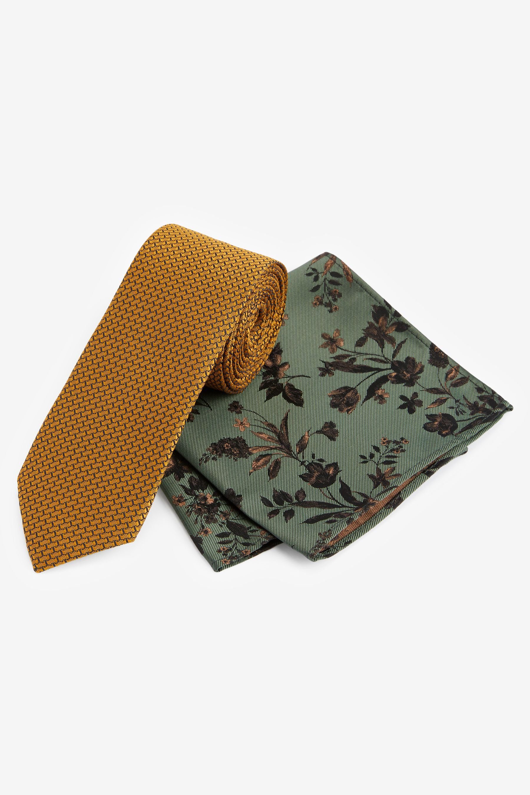 Next Krawatte Krawatte und Einstecktuch im Set - Slim (2-St) Yellow Gold/Green Floral