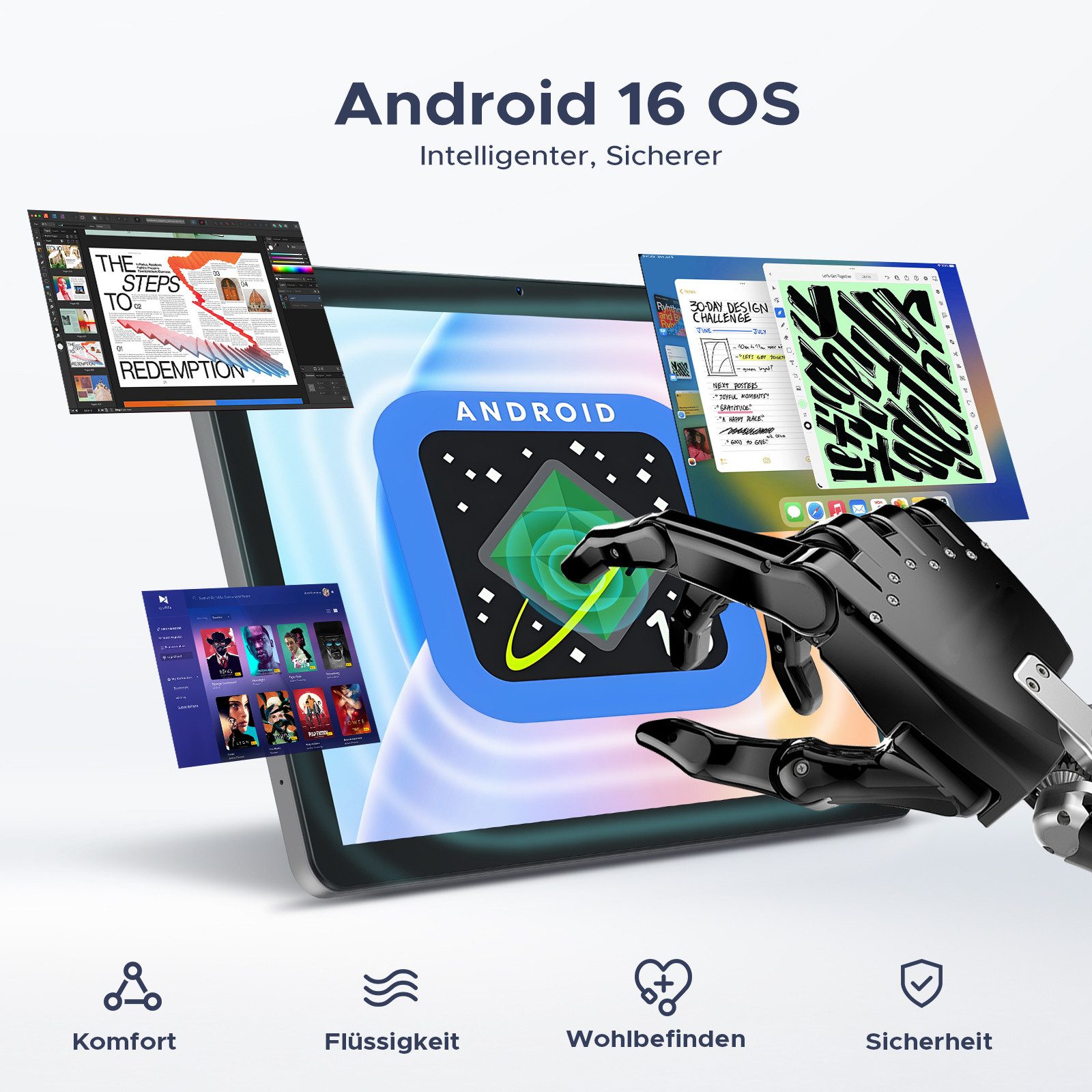 Aorlym P10 Pro Tablet Android 16 10 Zoll, mit Tastatur, 120Hz, 8800mAh, 13MP Tablet (10.1", 8 GB, Android 16, Gemini AI, Octa Core T7250, 128GB ROM, Face ID/GPS/FM, 3,5mm Buchse)