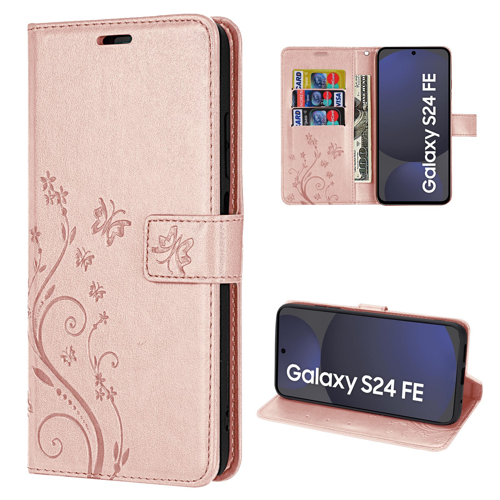 betterfon Handyhülle Handytasche für Samsung Galaxy S24 FE Handyhülle Klapphülle Rosegold, Bookstyle-Hülle: Magnetverschluss 3 Kartenfächer & Standfunktion