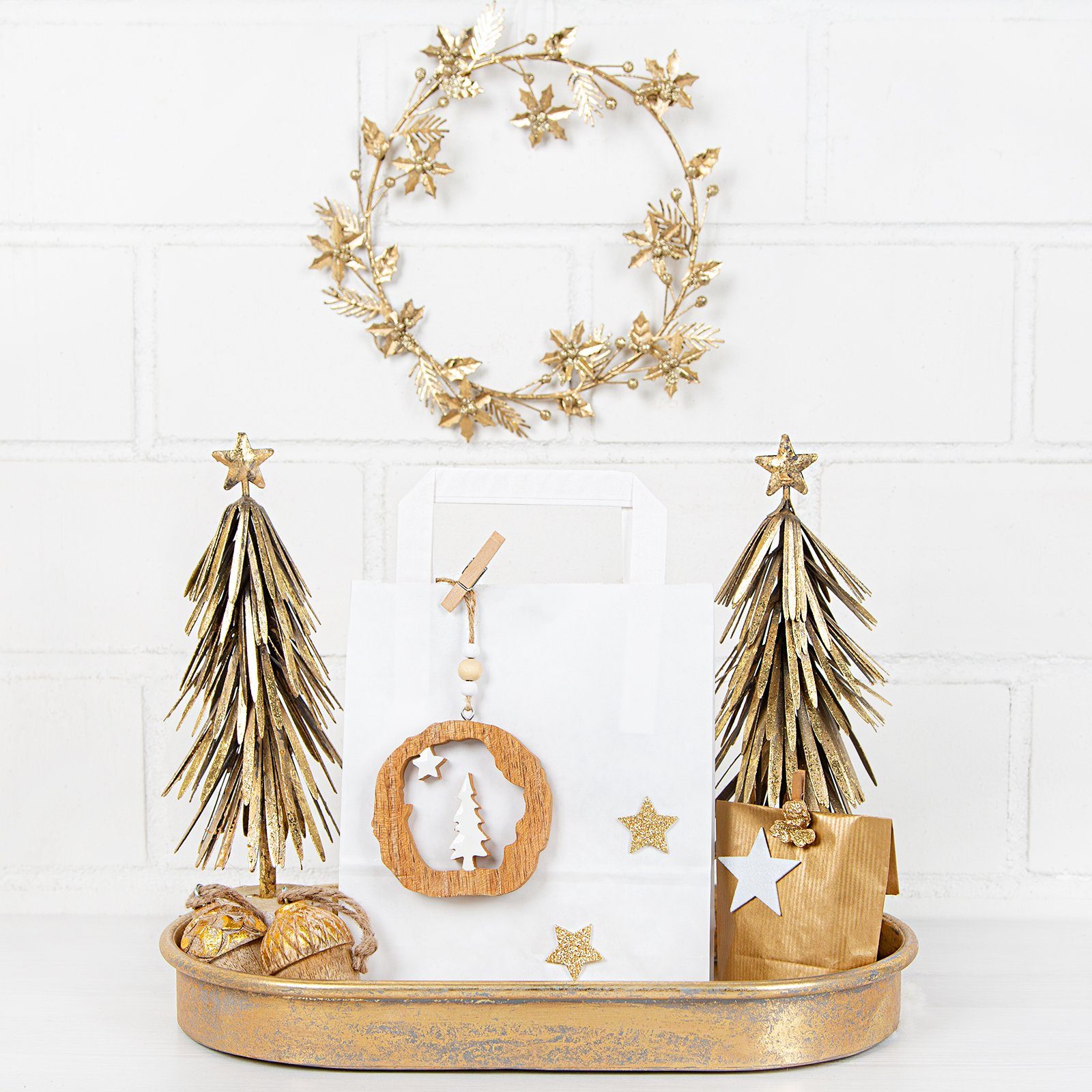 Weihnachtsanhänger Set - Engel + Baum + Rentier + Nikolaus Natur Gold