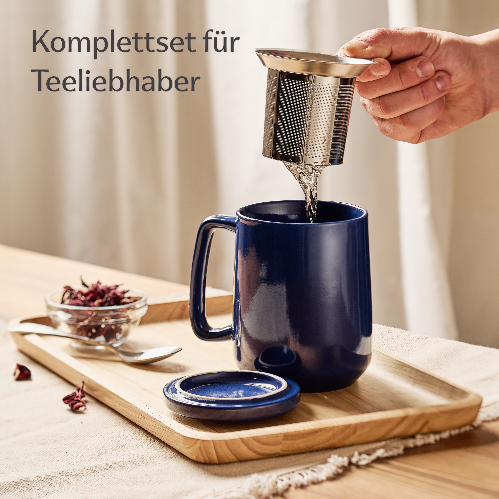 Cosumy Teeglas Teetasse mit Sieb und Deckel - Keramik Dunkelblau - Hält Lange warm, 1-tlg., Keramik, Hält Lange warm - 500 ml XXL Groß - Spülmaschinenfest