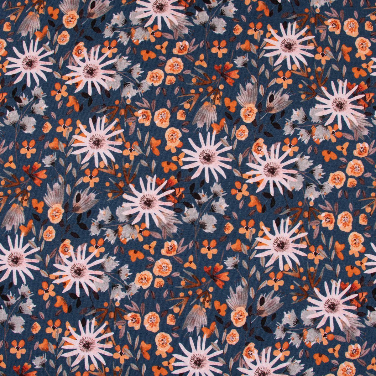 Thumbnail - SCHÖNER LEBEN. Stoff Sweatstoff Digitaldruck Aquarell Blumen blau grau orange rosa 1,45m, allergikergeeignet