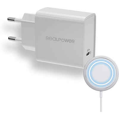 Realpower »PC-MagSet« Induktions-Ladegerät (20W PD Ladegerät mit 15W Ladepad, 2m magnetisches Kabel, MagSafe kompatibel mit iPhone 12, RapidCharge, induktiv, QI, USB-C Netzteil, wei)