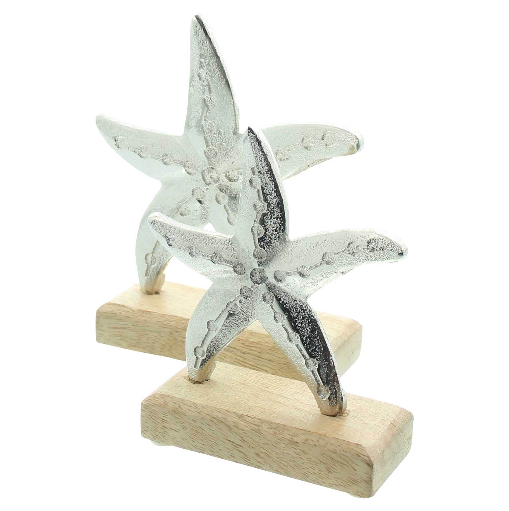 Dekoleidenschaft Dekofigur "Seestern" aus Aluminium, maritime Tischdeko, Sockel aus Mangoholz (im Set), Alu silber im Antik Design – Bild 3 von 4