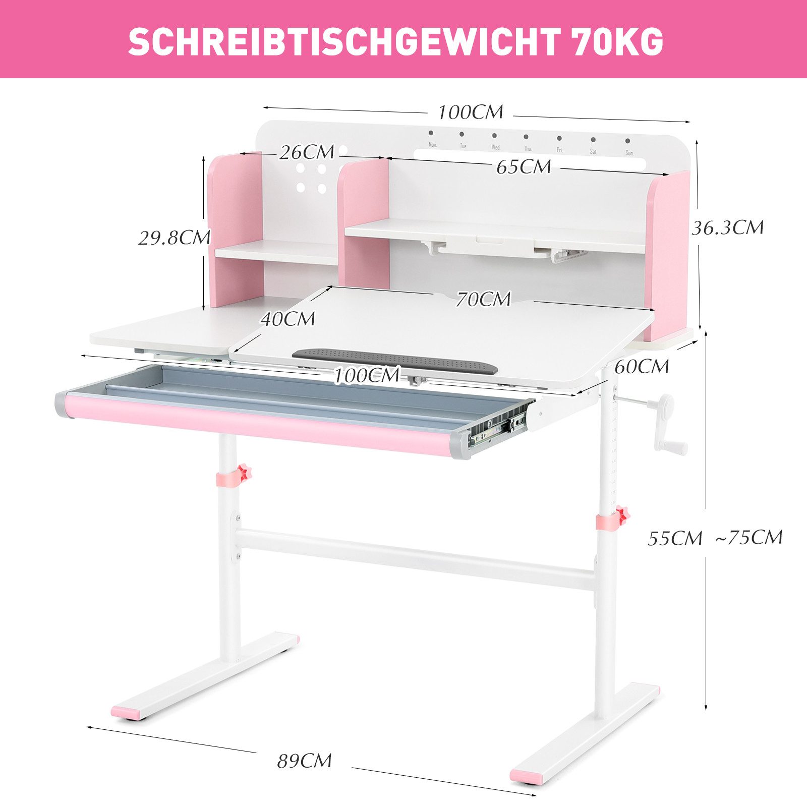 JOYLDIAS Kinderschreibtisch mit Bücherregal, Schubladen und Haken – höhenverstellbar & neigbar (1-St), Studiertisch, Schreibtisch, multifunktionaler Schülerschreibtisch