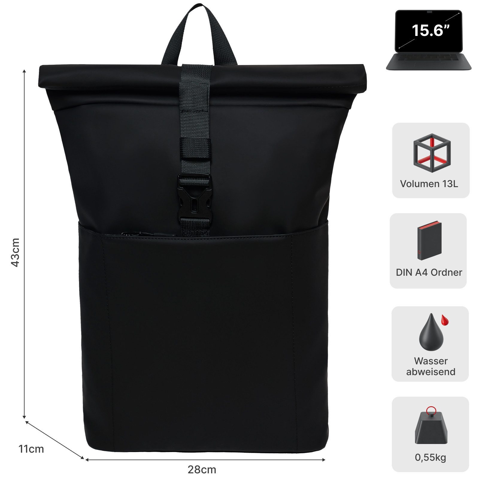 EAAKIE Rucksack RollTop Rucksack Freizeitrucksack Herren Damen Wasserabweisend, spritzwassergeschütztes Polyester und wasserabweisende Reißverschlüsse