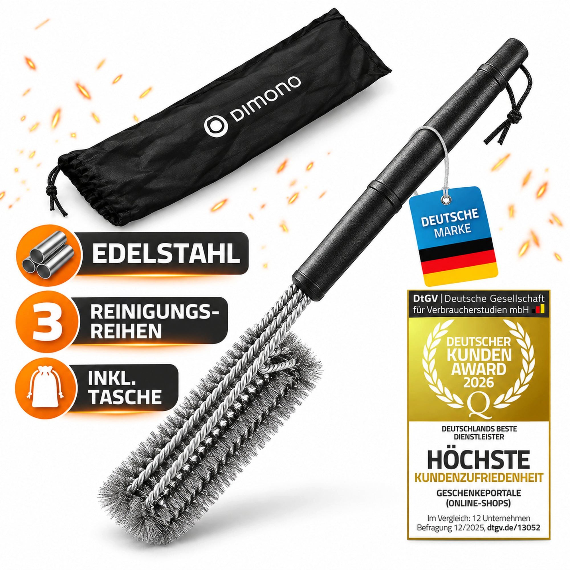 Dimono Grillbürste 360° Grillbürste aus Edelstahl – Hochwertiges BBQ Reinigungswerkzeug, Bürste, Profi, BBQ, (aus Edelstahl), mit Tasche