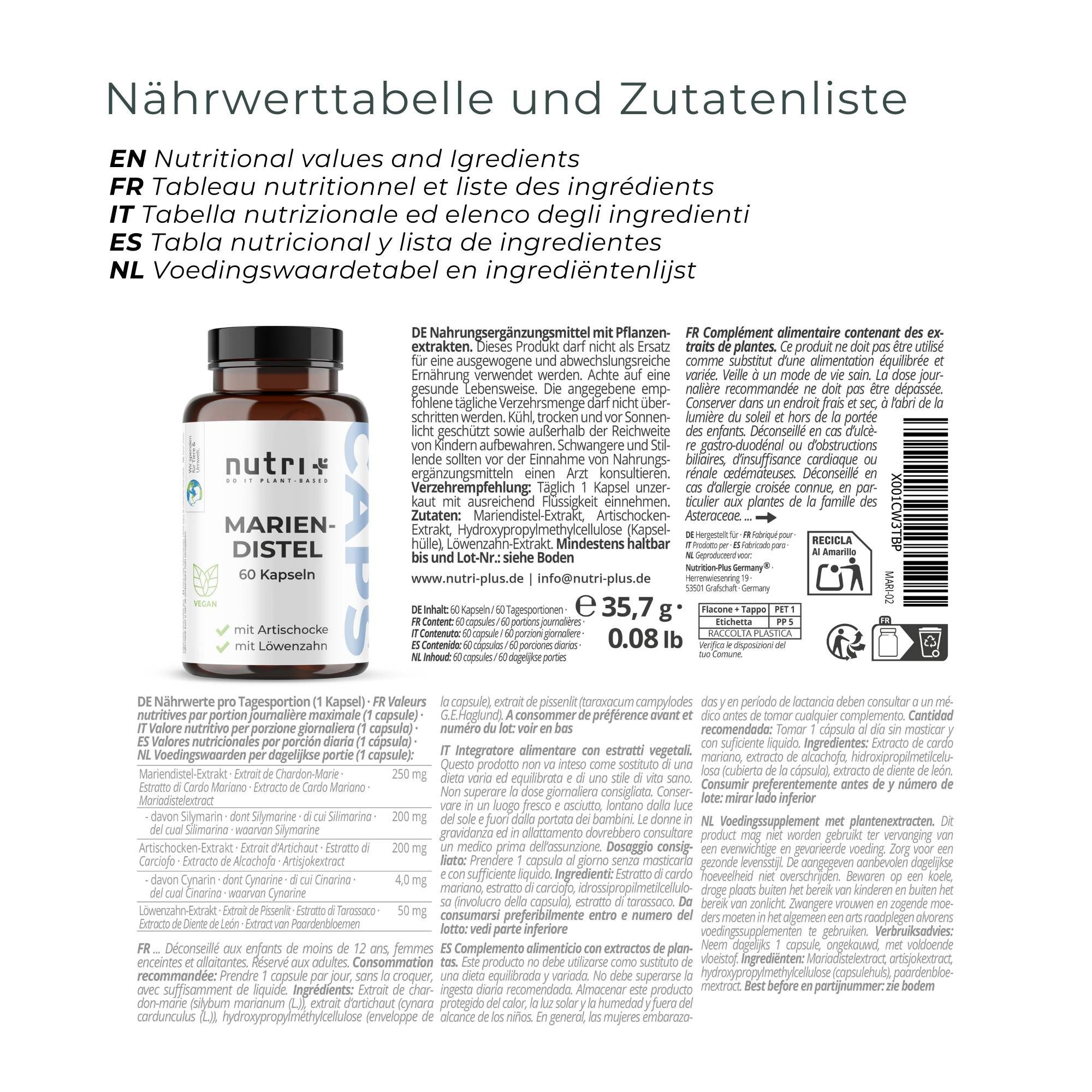 nutri+ Mariendistel Kapseln mit Artischocke + Löwenzahn Kapseln