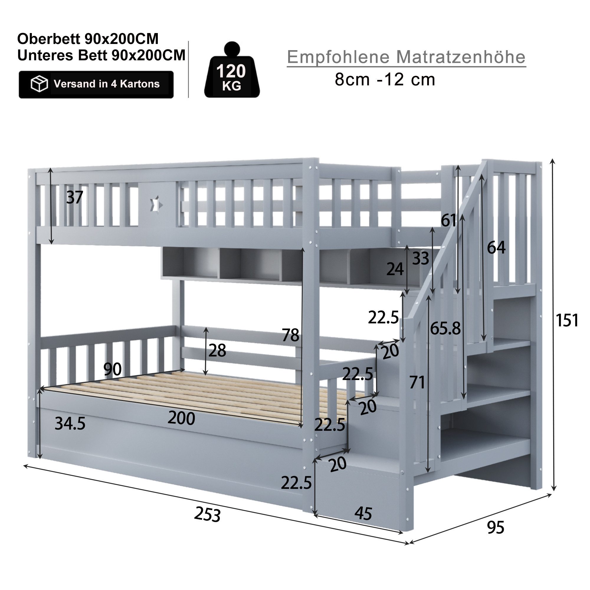 Flieks Etagenbett, Kinderbett Hydraulisches Unterbett 90x200cm mit Regal & günstig online kaufen