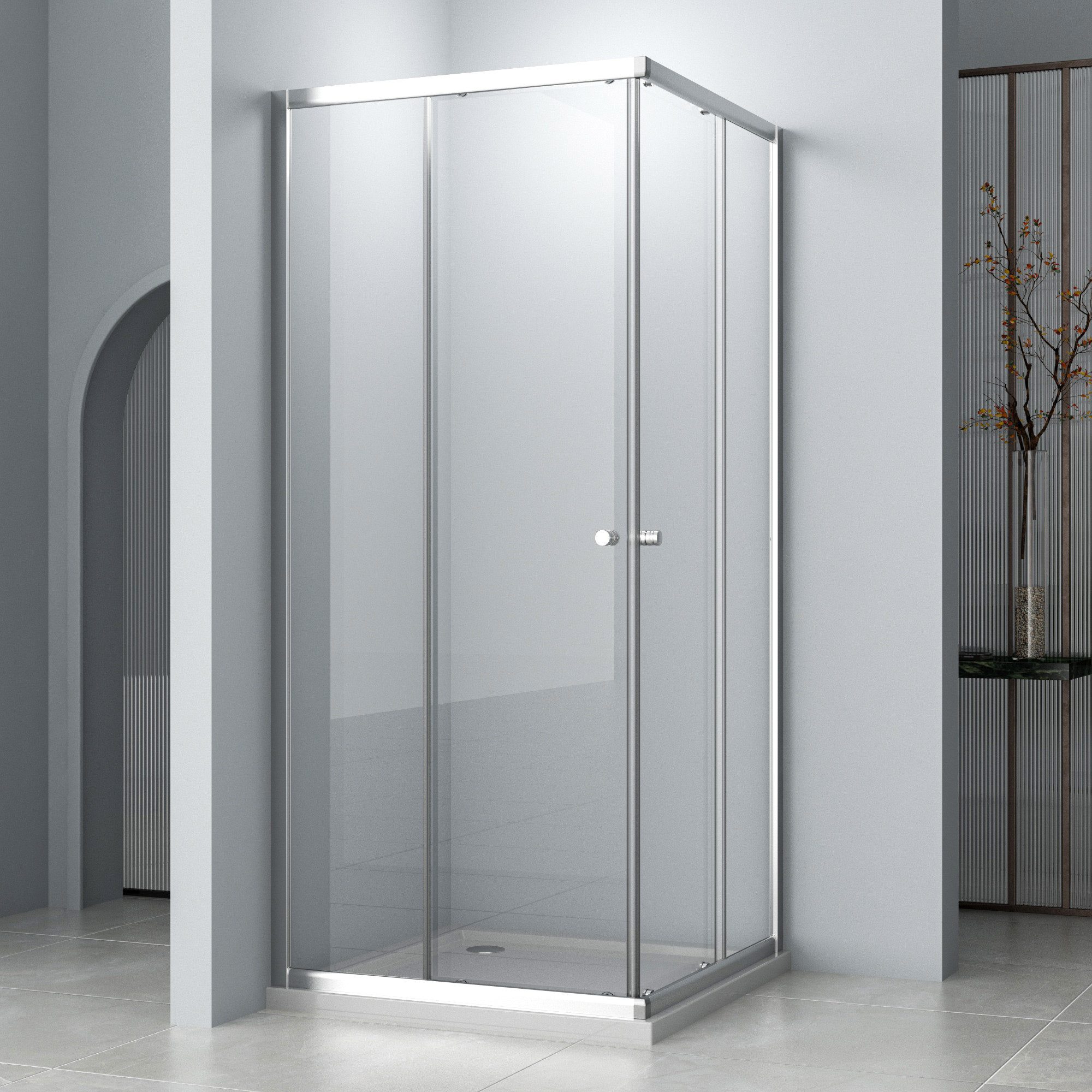 Hopibath Eckdusche 80x80 100x80 Eckeinstieg Duschkabine Chrom H:185cm, BxT: 75x80 cm, 5mm Sicherheitsglas, Doppel Schiebetür, Breite,Tiefe:75/80/90/100cm, mit Alurahmen, 16 Türrollen, Aluprofile mit 20mm Verstellbereich