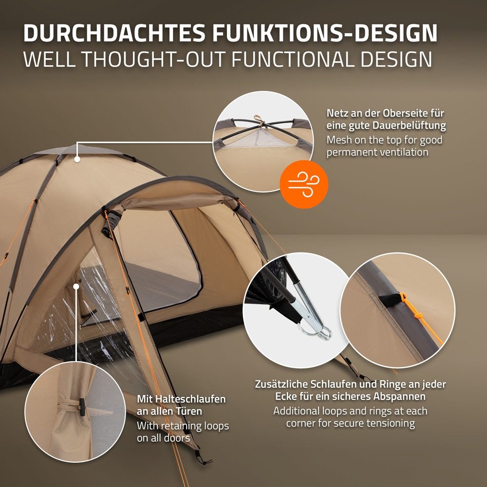 ECD Germany Igluzelt Campingzelt für 3 Personen 210x180x120 cm Beige-Grau wasser/winddicht, Personen: 3, Kuppelzelt 210x180x120cm Khaki/Beige-Grau Familienzelt mit Moskitonetz