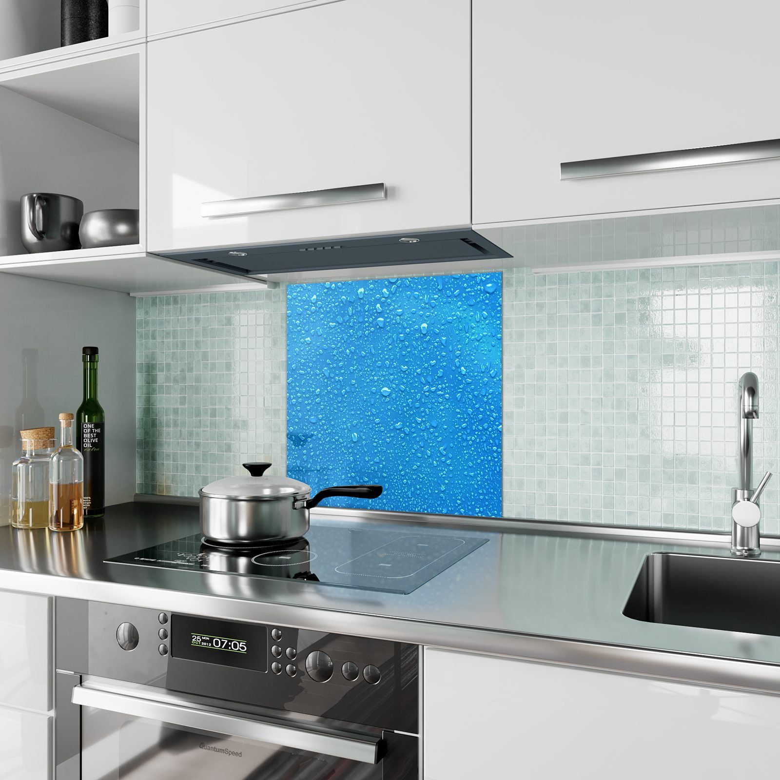 Primedeco Küchenrückwand auf Regentropfen Spritzschutz blau Glas