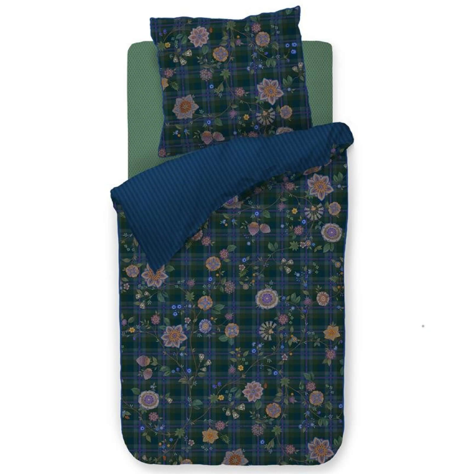 PiP Studio Bettwäsche Flores Felices Dunkelblau, Perkal, 2 teilig, Blüten, Zweige, Gestreift, Karomuster