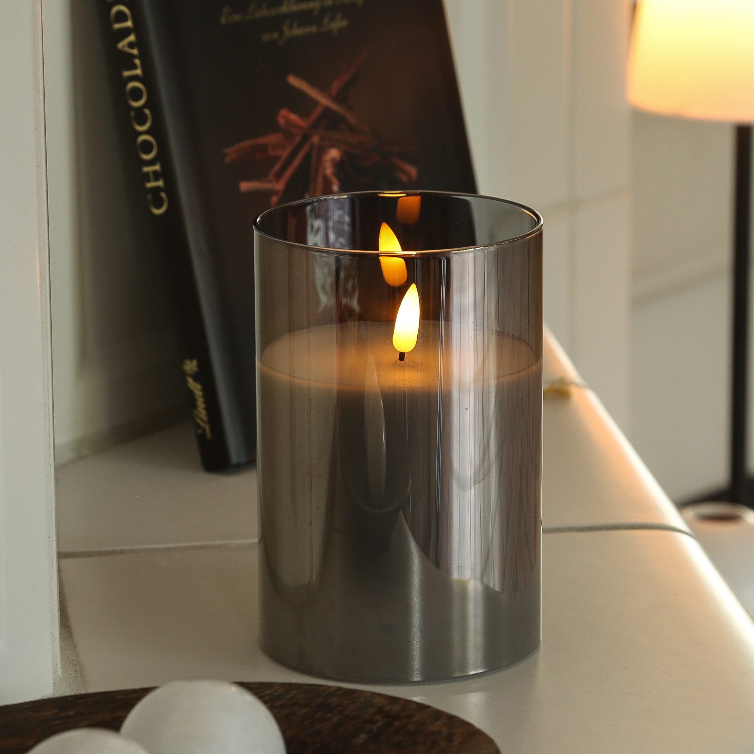 MARELIDA LED-Kerze im Glas LED Windlicht Echtwachs Timer H: 15cm D: 10cm grau