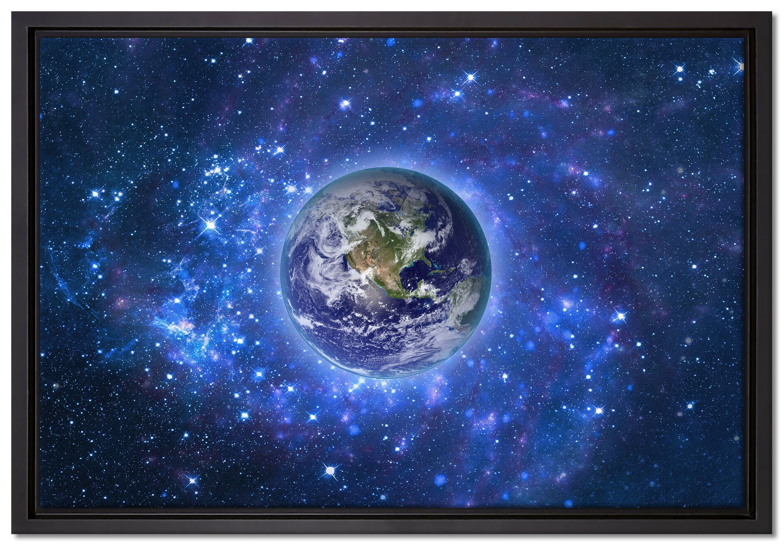 Pixxprint Leinwandbild Planet Erde im Weltraum, Wanddekoration (1 St), Leinwandbild fertig bespannt, in einem Schattenfugen-Bilderrahmen gefasst, inkl. Zackenaufhänger | Leinwandbilder