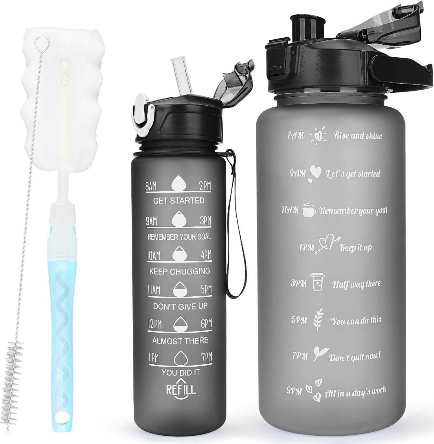 Becher 2er Pack Trinkflasche BPA-frei mit Zeitmarkierung & Strohhalm