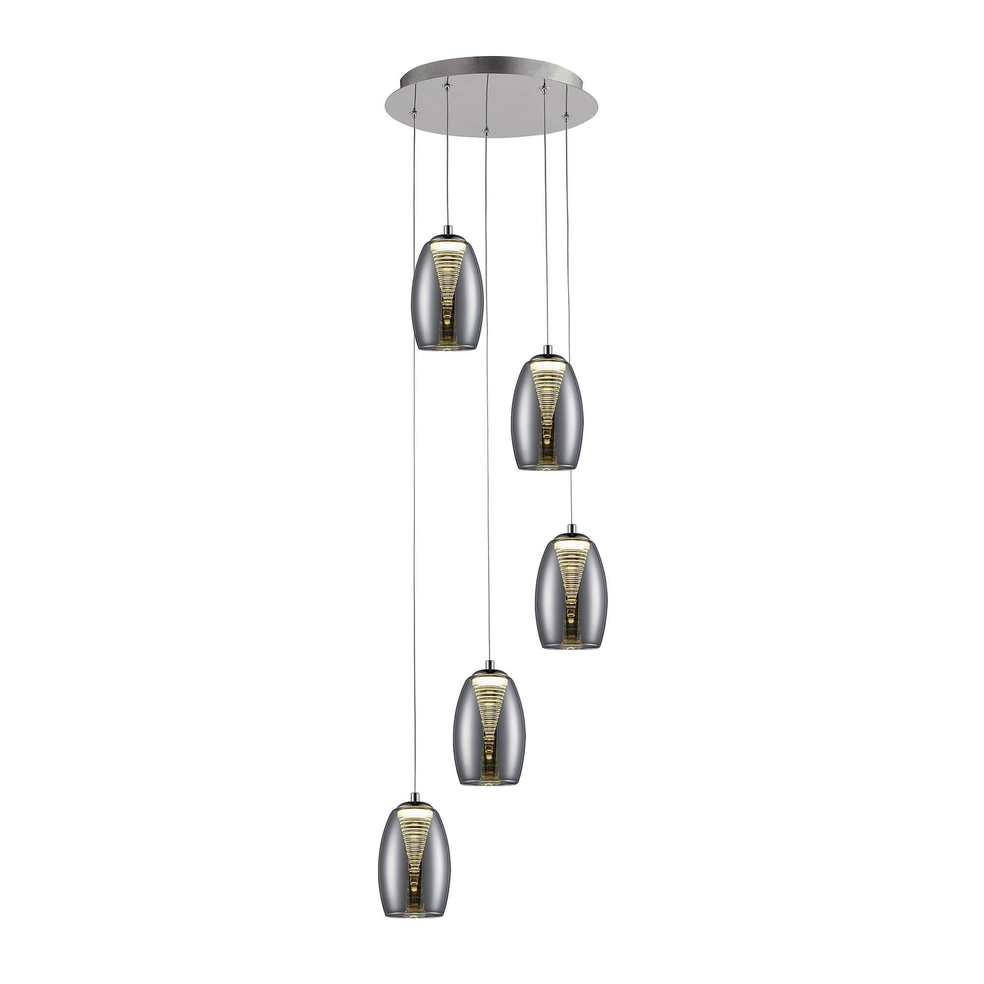 Brilliant Pendelleuchte Metropolis, LED fest integriert, Warmweiß, LED Hängelampe 5flg chrom/rauchglas easyDim