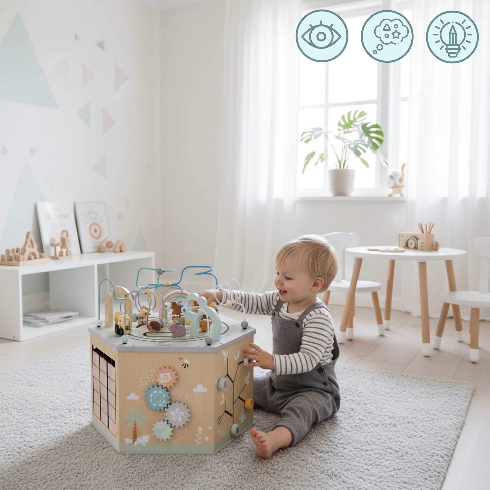 Mamabrum Lernspielzeug Motorikwürfel 10-in-1 Montessori mit Magnetbahn & Motorikschleifen