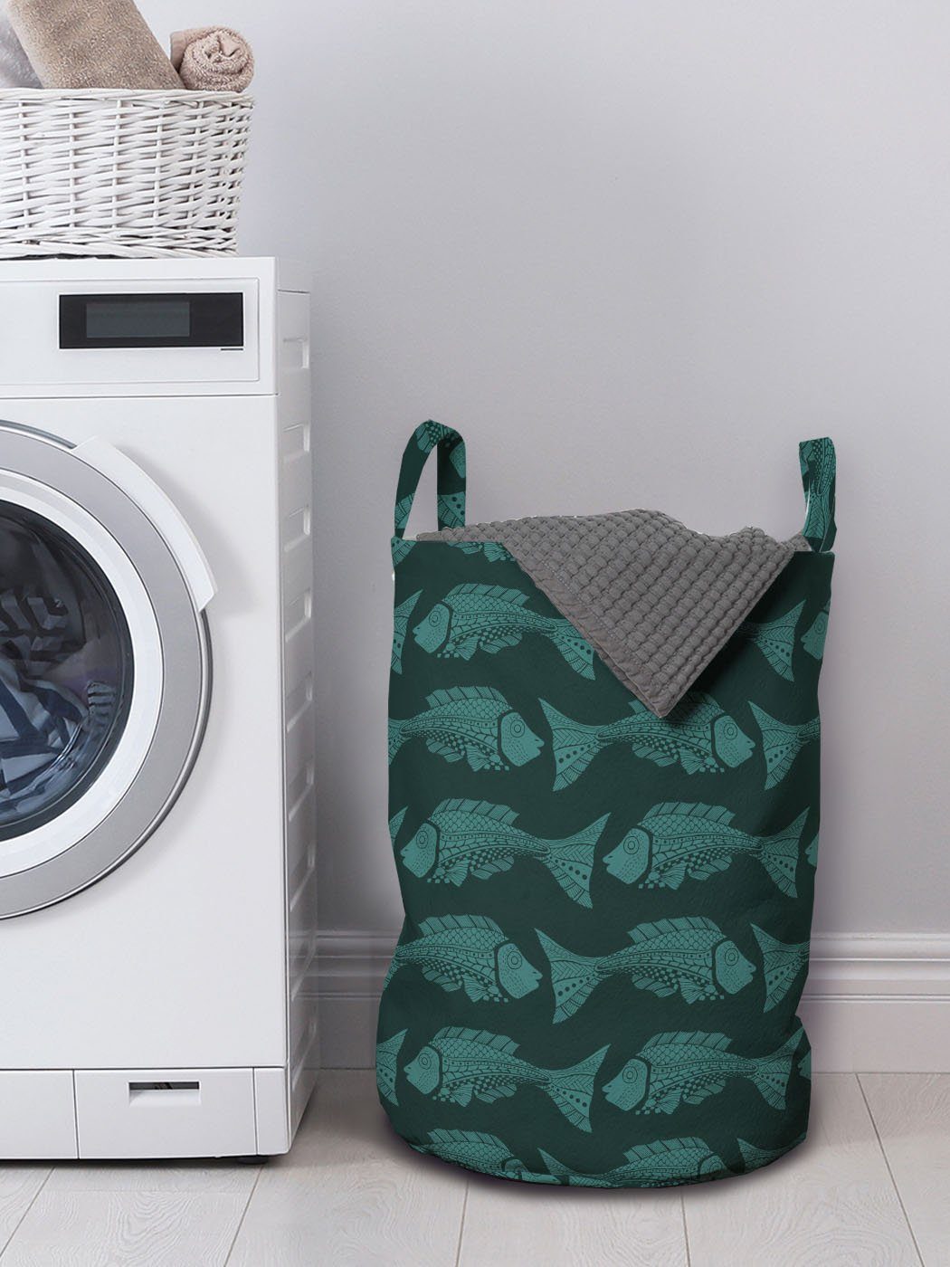 Waschsalons, Fisch Grafik Kordelzugverschluss Wäschesäckchen Abakuhaus mit Vintage Dark Griffen Sea Style für Wäschekorb