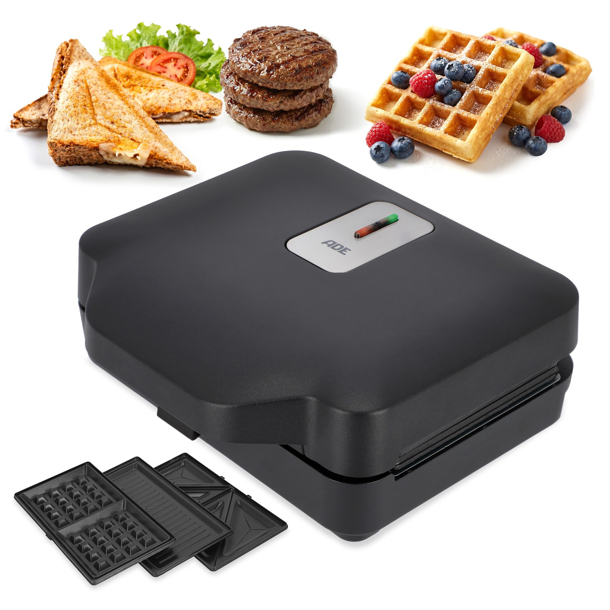 ADE 3-in-1-Sandwichmaker für Sandwiches, Waffeln, Gegrilltes, 800 W, Antihaftbeschichtung, platzsparend, Cool-Tuch-Griff, Kontrollleuchten