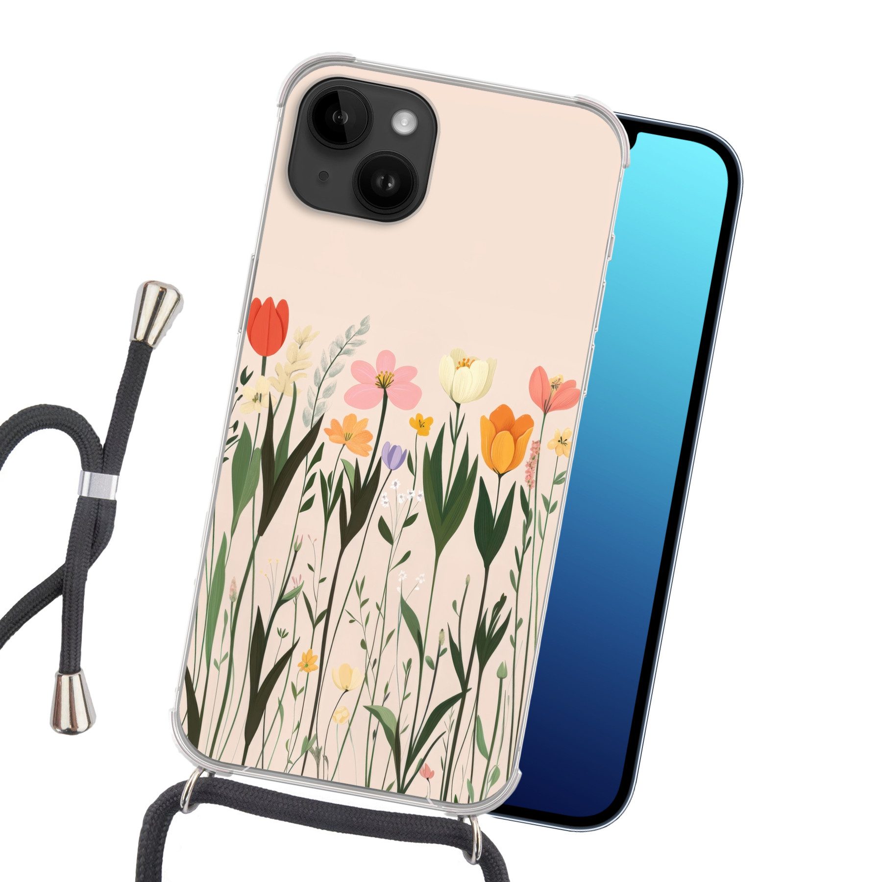 MuchoWow Handyhülle für Apple iPhone 14 Pastelltöne - Blumen - Illustration, Tragbare Handyhüllen mit Kette zum umhängen, Handykette Handyband